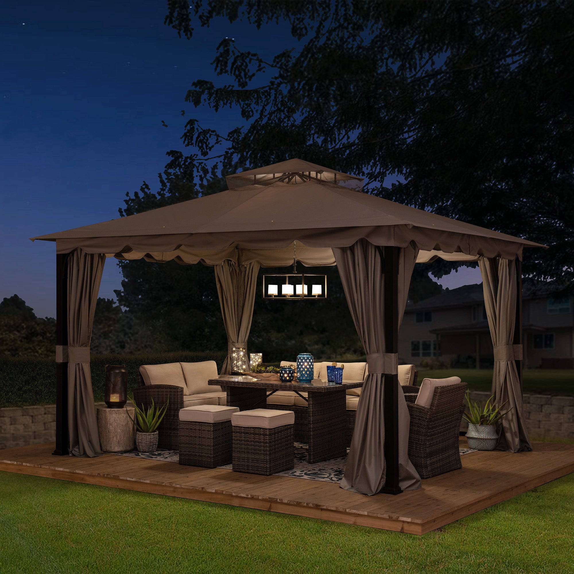 SUNJOY 11x13 Gray 2-Tier Steel Soft Top Gazebo with Ceiling Hook.