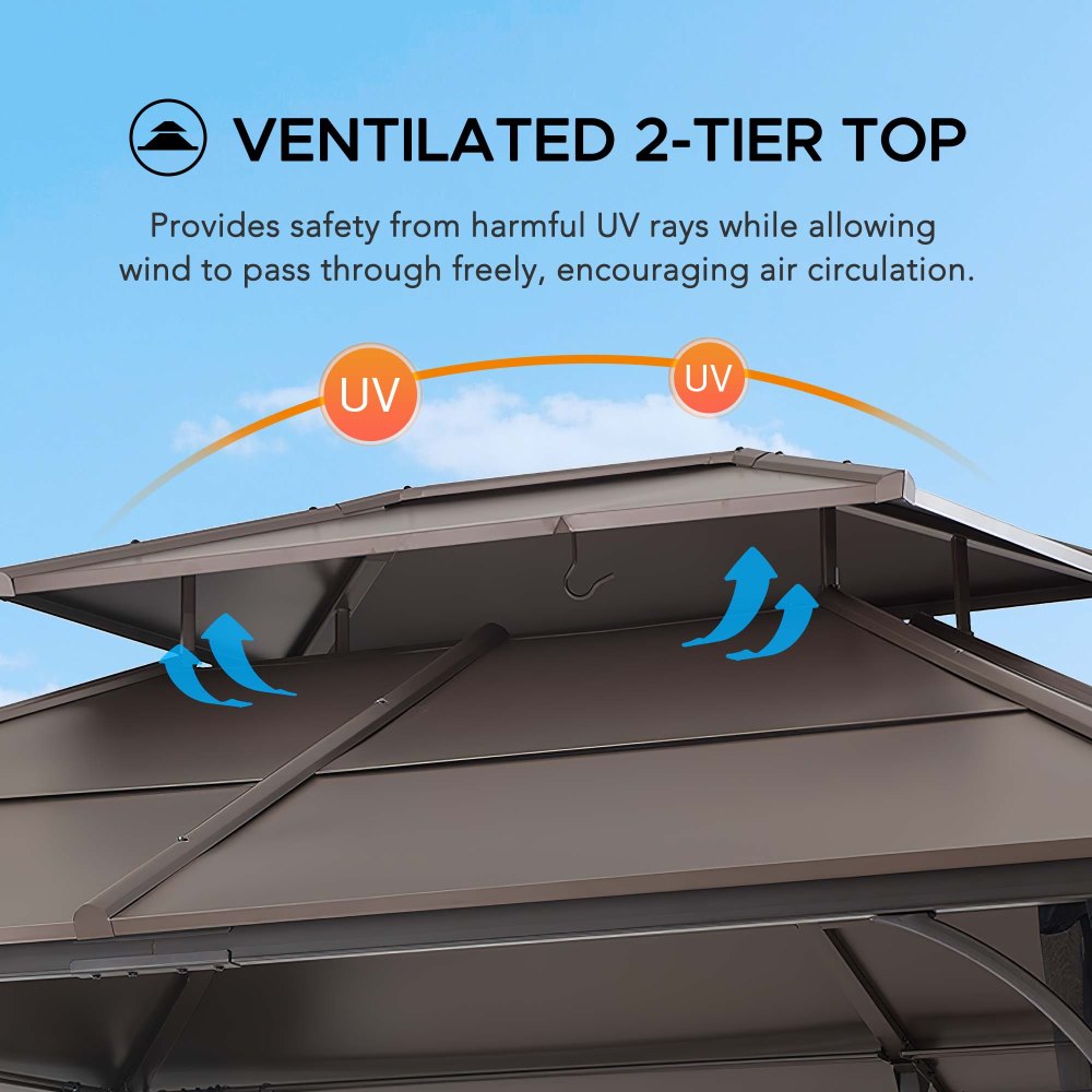 SUNJOY 10x12 Metal Hardtop Gazebo with Netting and Ceiling Hook.