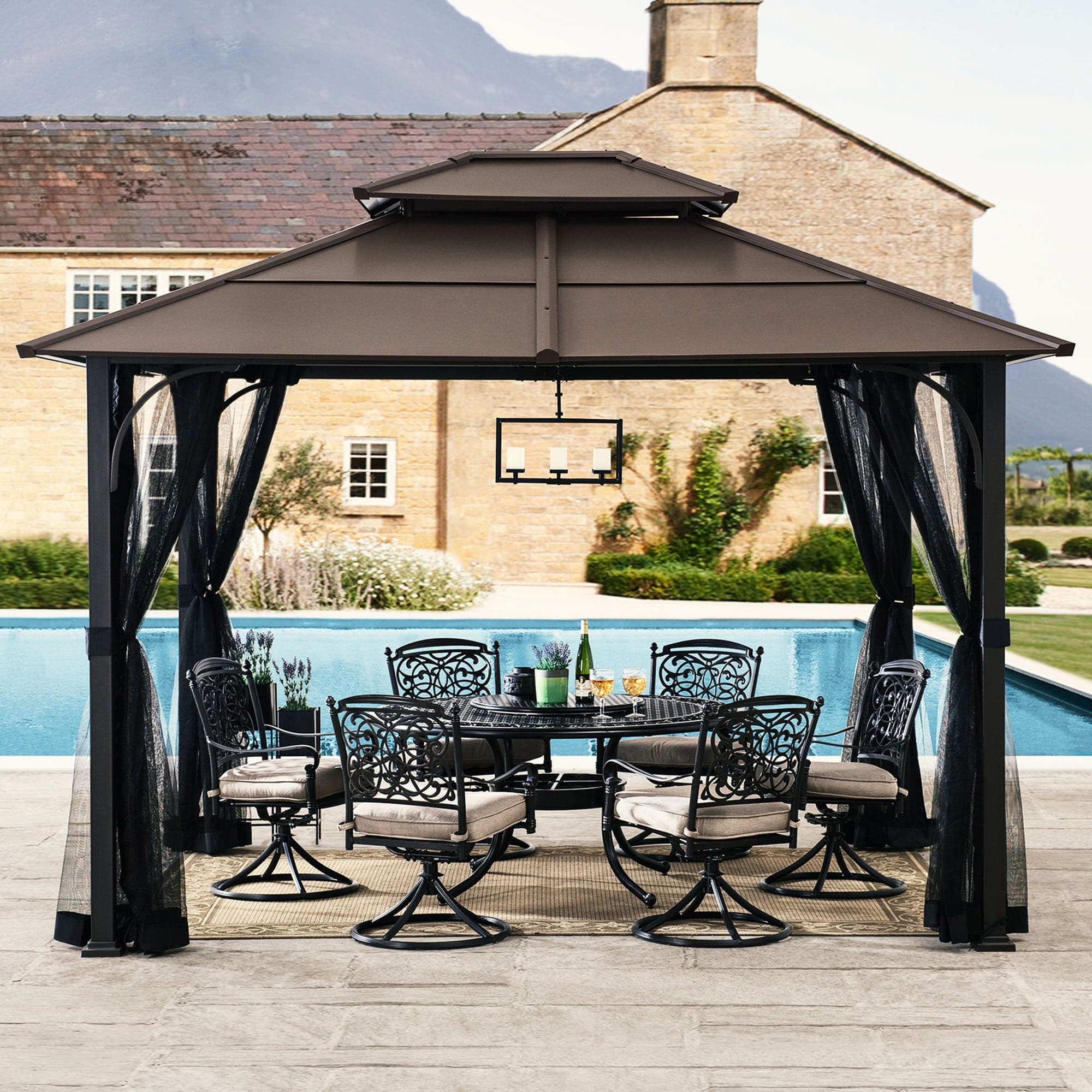 SUNJOY 10x12 Metal Hardtop Gazebo with Netting and Ceiling Hook.