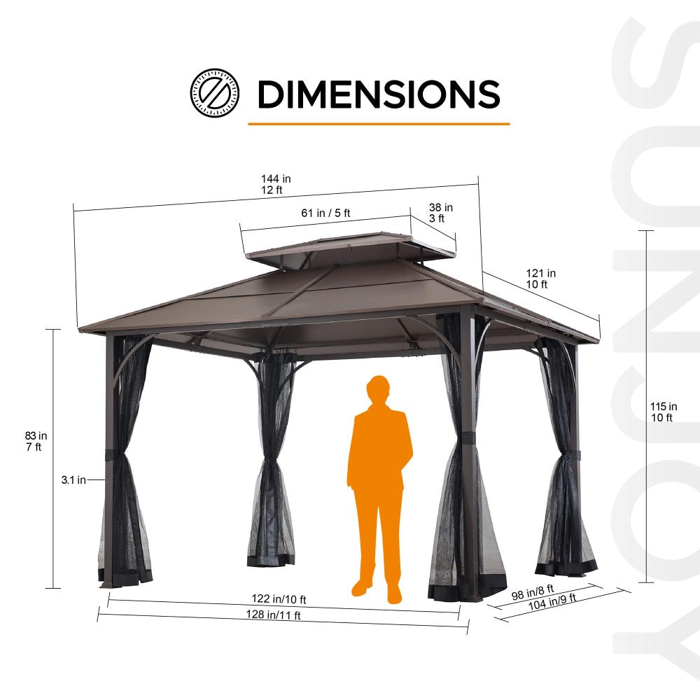 SUNJOY 10x12 Metal Hardtop Gazebo with Netting and Ceiling Hook.