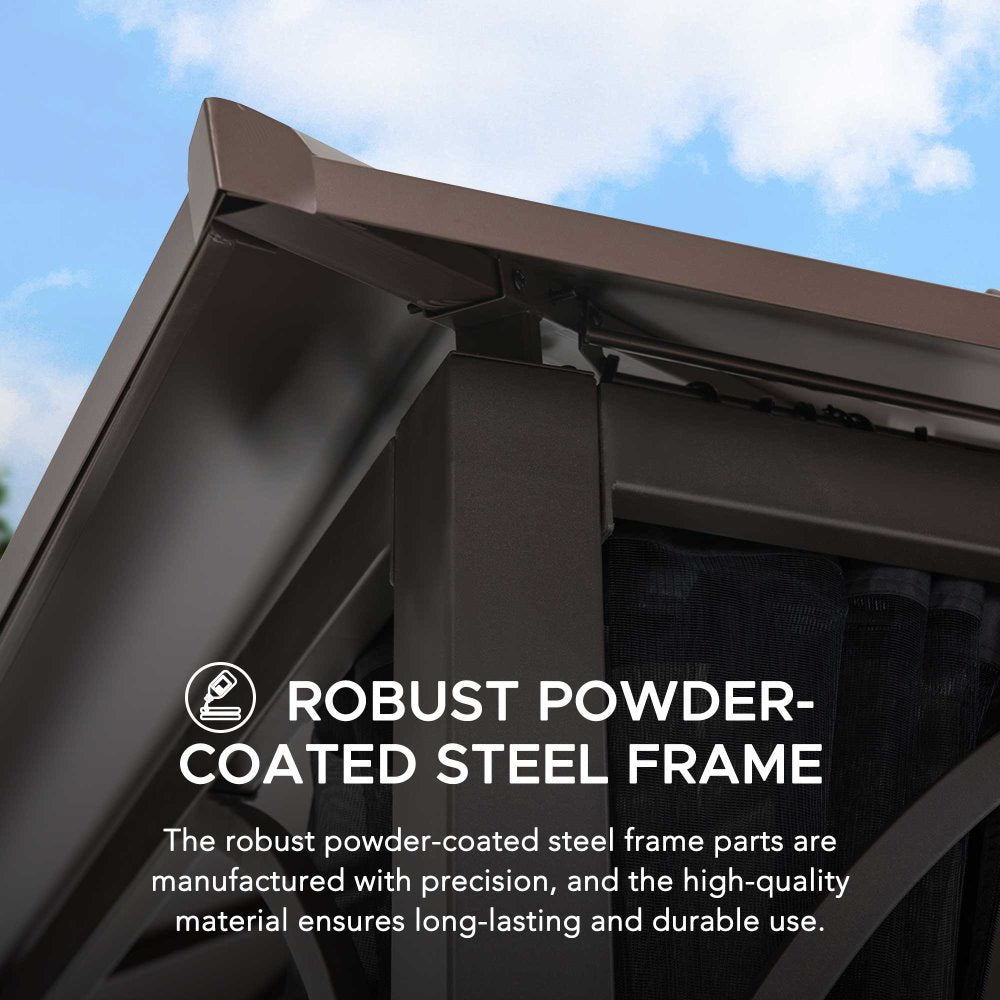 SUNJOY 10x12 Metal Hardtop Gazebo with Netting and Ceiling Hook.