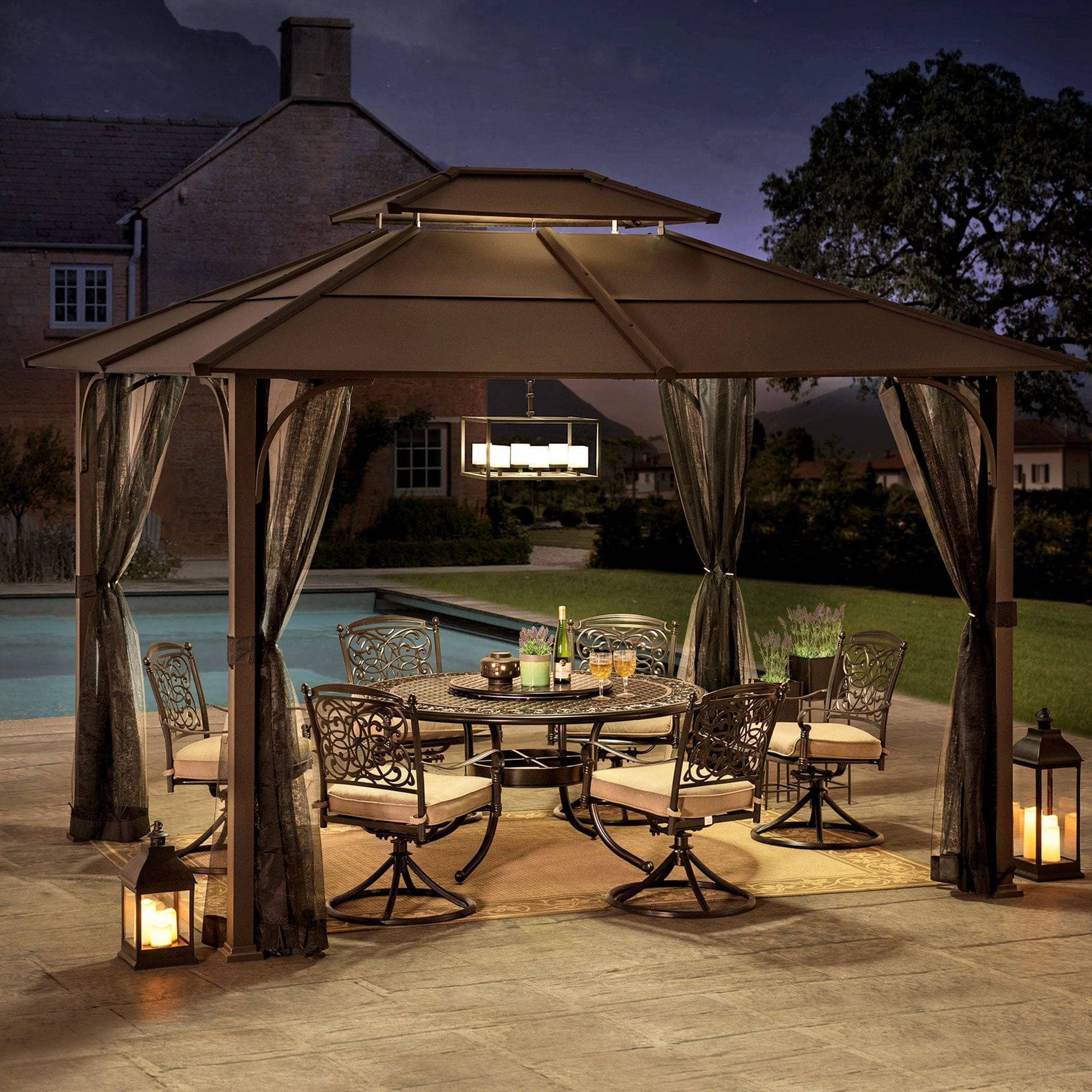 SUNJOY 10x12 Metal Hardtop Gazebo with Netting and Ceiling Hook.