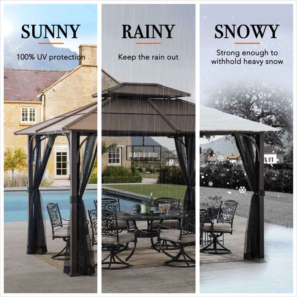 SUNJOY 10x12 Metal Hardtop Gazebo with Netting and Ceiling Hook.