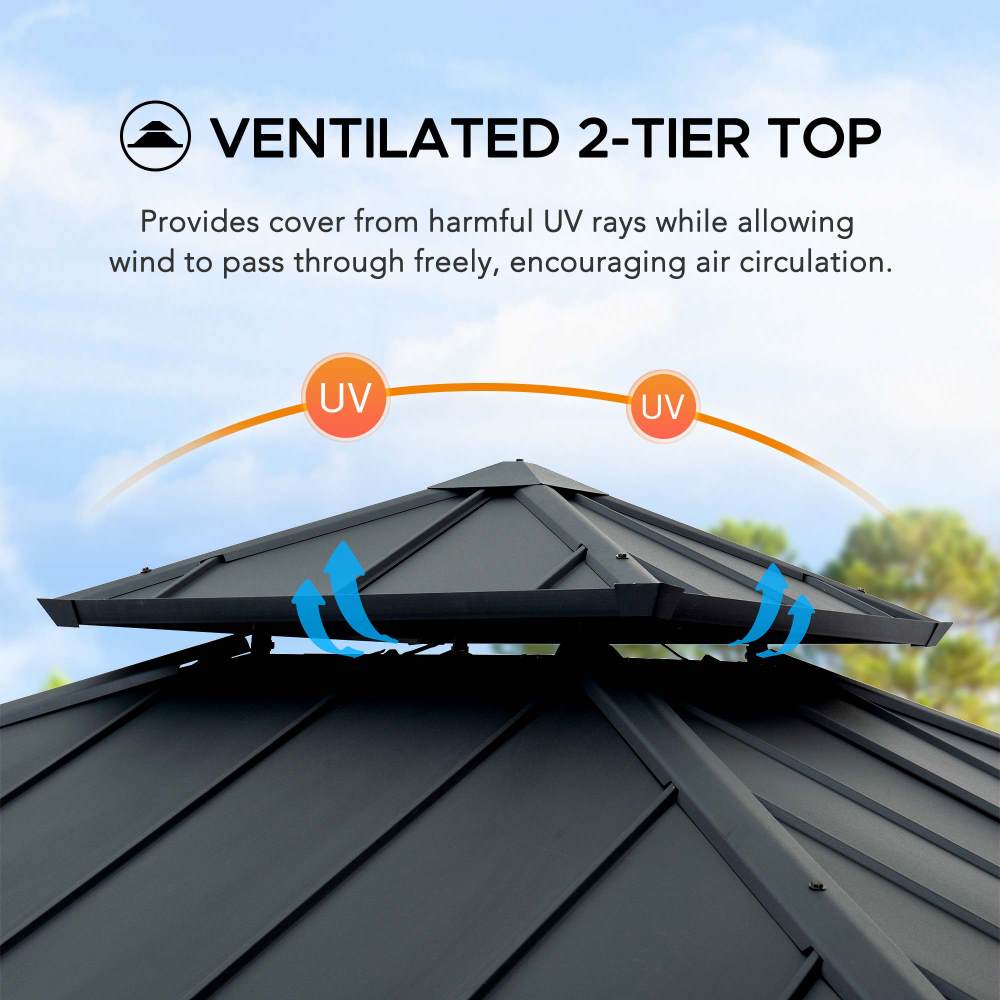 SUNJOY 10x10 Hardtop Gazebo with Aluminum Frame, Netting, and Curtain.