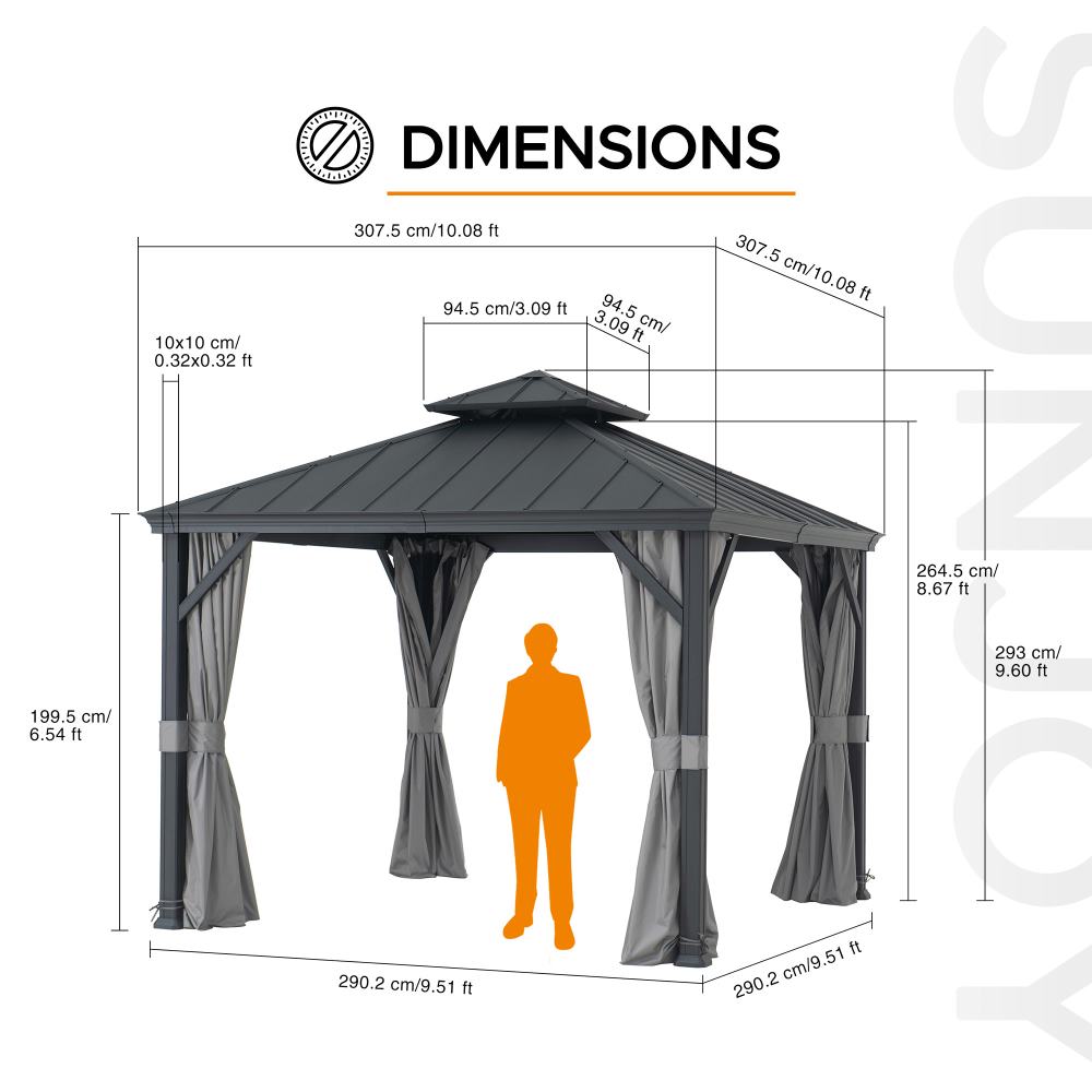 SUNJOY 10x10 Hardtop Gazebo with Aluminum Frame, Netting, and Curtain.