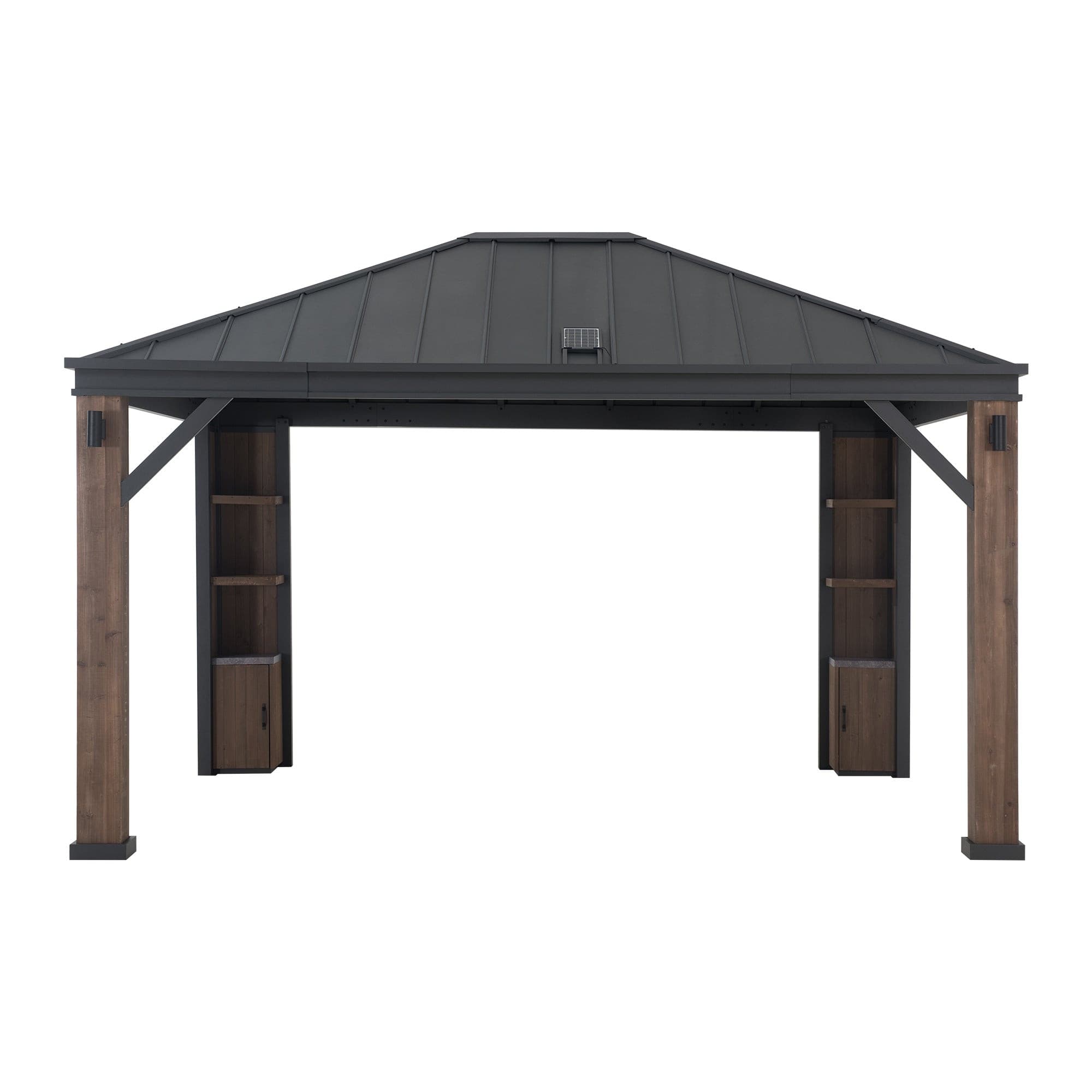 SUNJOY 12x14 Gazebo with Wood Shelves, Solar Speaker, and LED Lights.