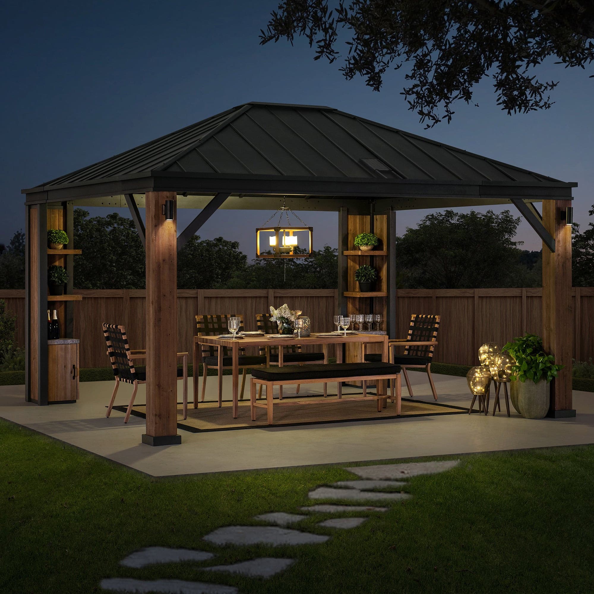 SUNJOY 12x14 Gazebo with Wood Shelves, Solar Speaker, and LED Lights.