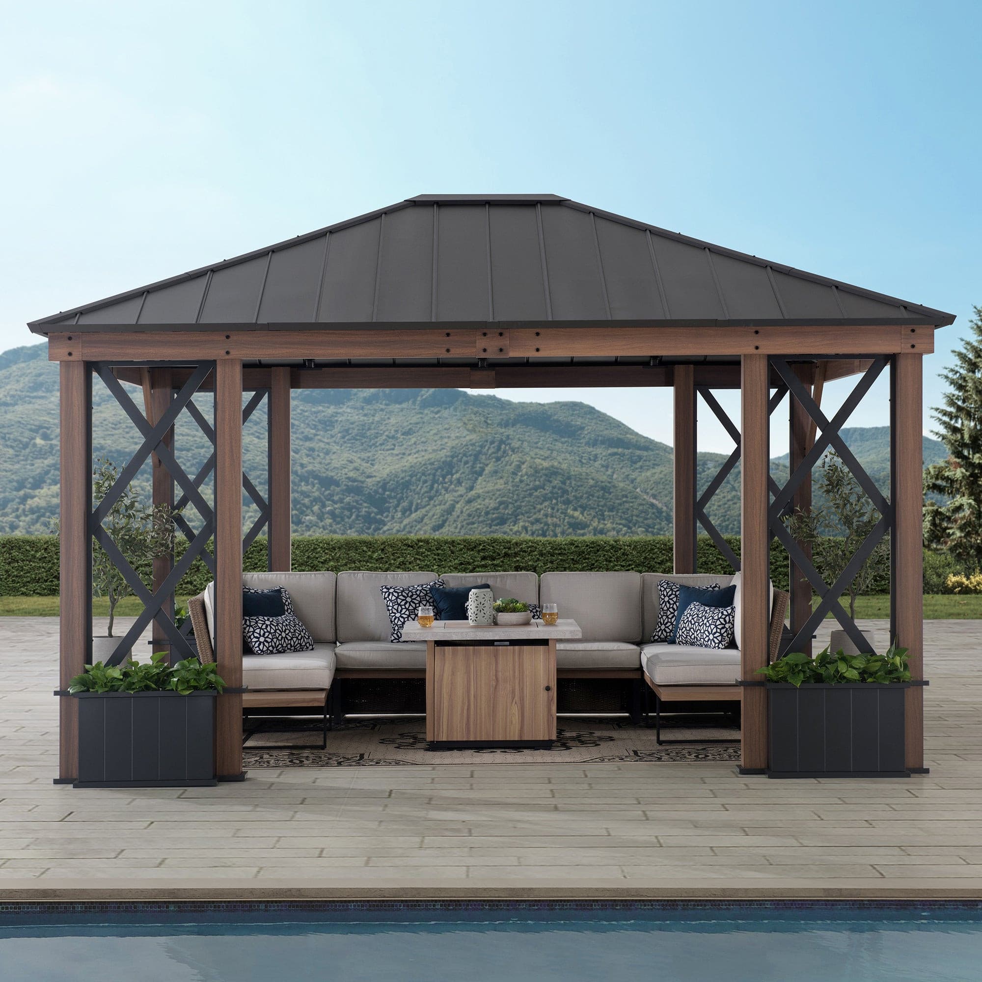 SUNJOY 13x15 Aluminum Framed Hard Top Gazebo with Planters.