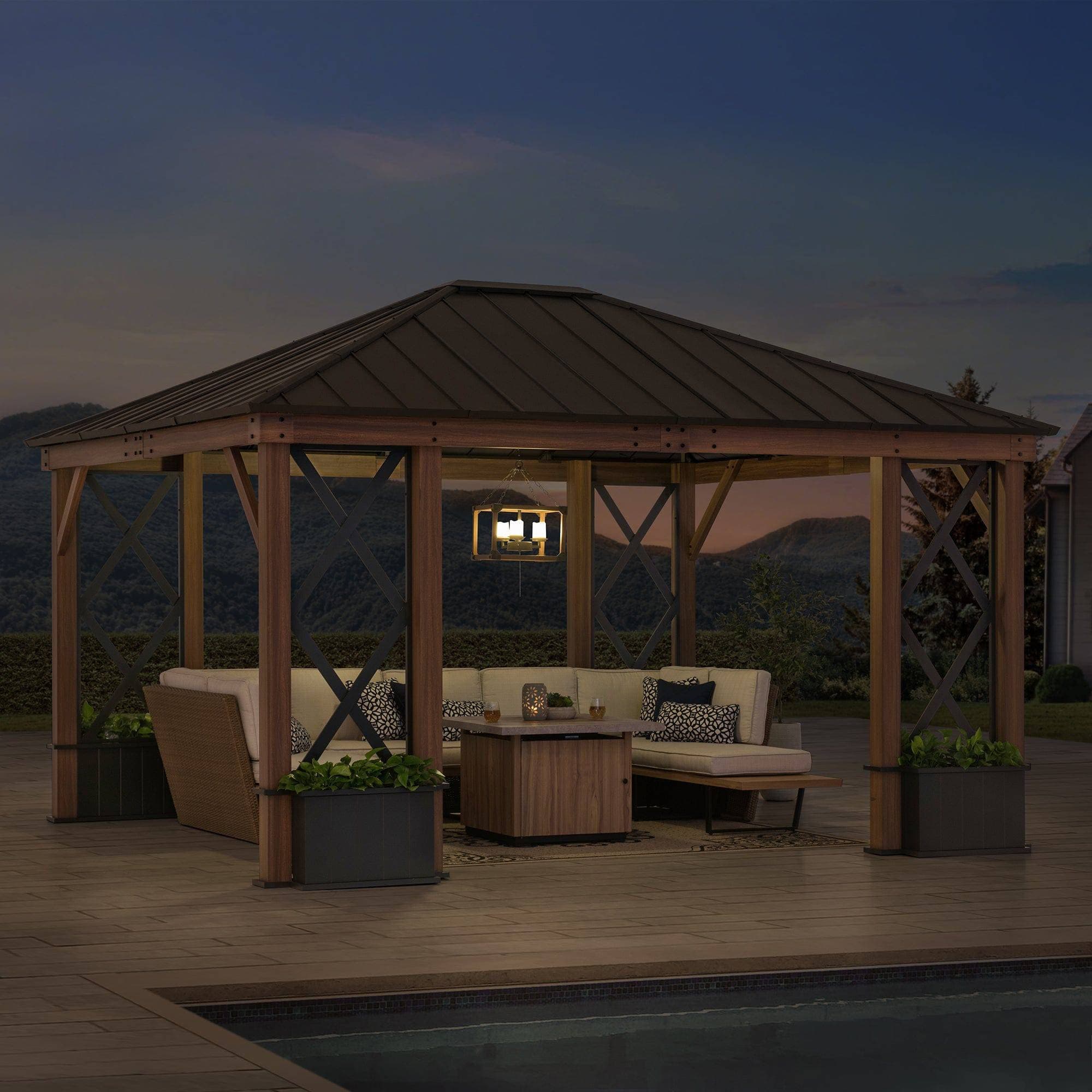 SUNJOY 13x15 Aluminum Framed Hard Top Gazebo with Planters.
