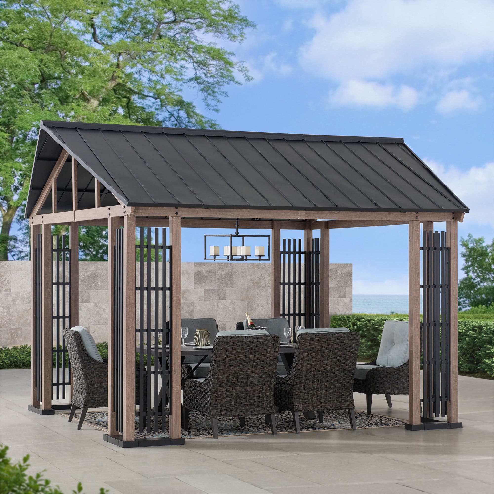 SUNJOY 11x13 Steel Gable Roof Hardtop Gazebo with Metal Ceiling Hook.