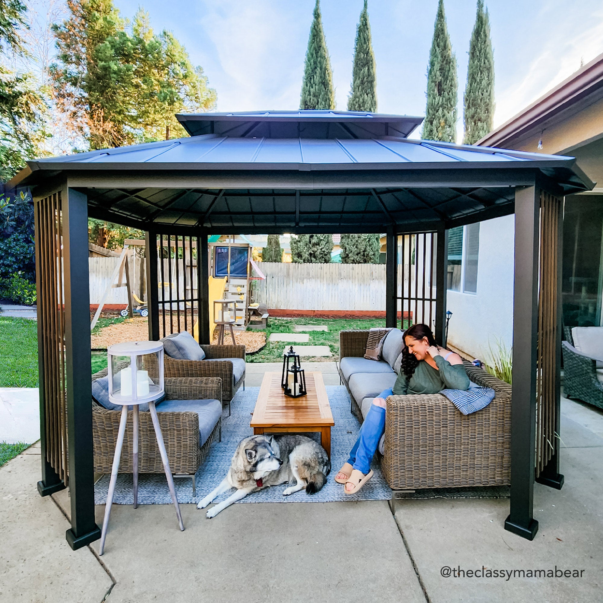 SUNJOY 11x13 Octagon Gazebo with Steel Roof and Ceiling Hook.