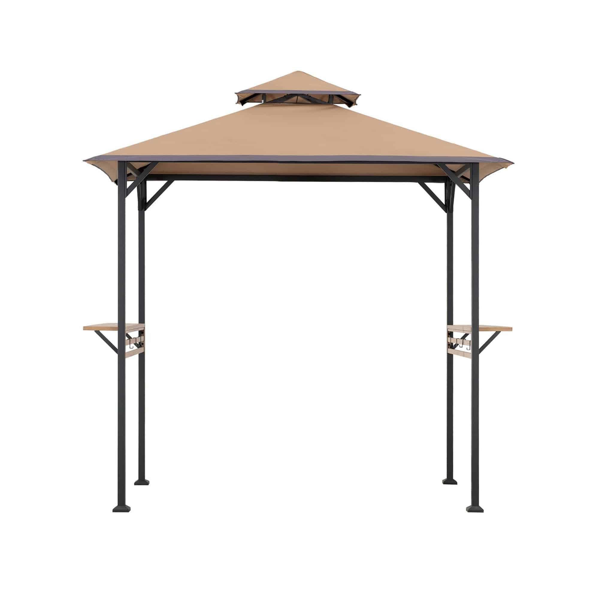 SUNJOY Outdoor Patio 5x8 Khaki 2-Tier Steel Backyard Soft Top Grill Gazebo with Bar Shelves and Hooks.