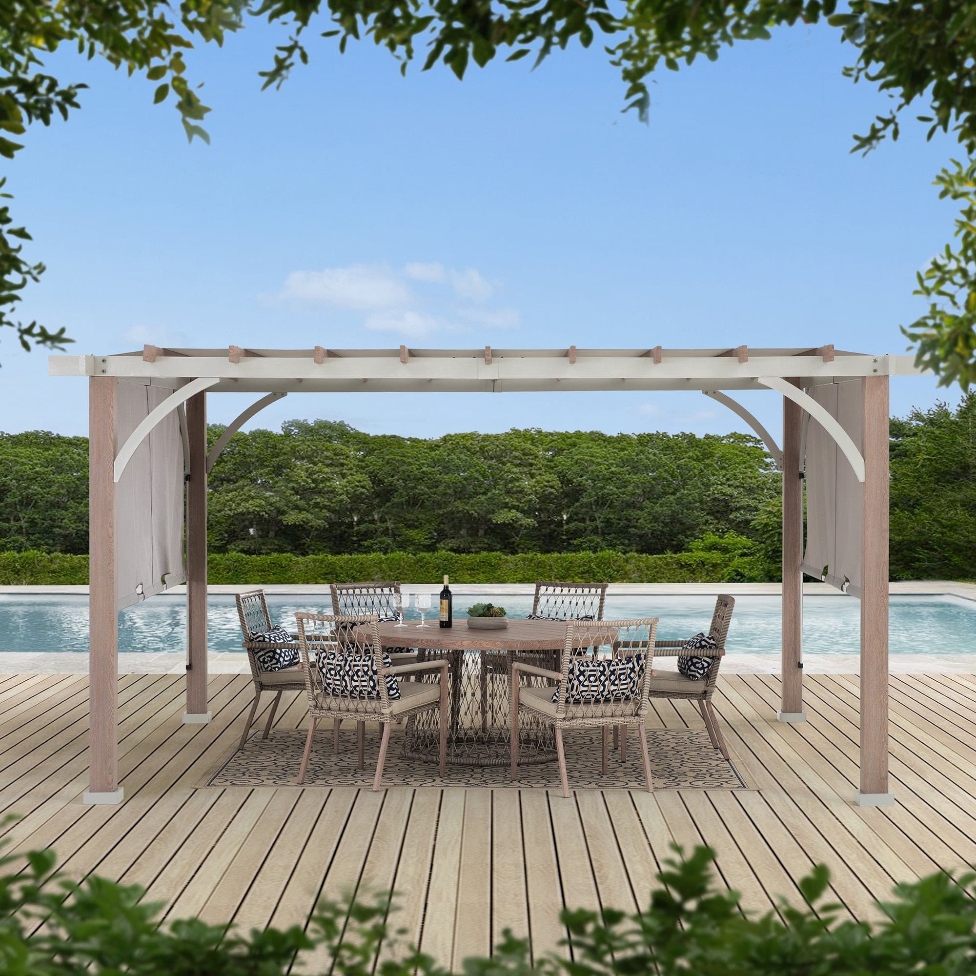 SUNJOY 12x14 Pergola with Sliding Shade Roof & Woodgrain Steel Frame.