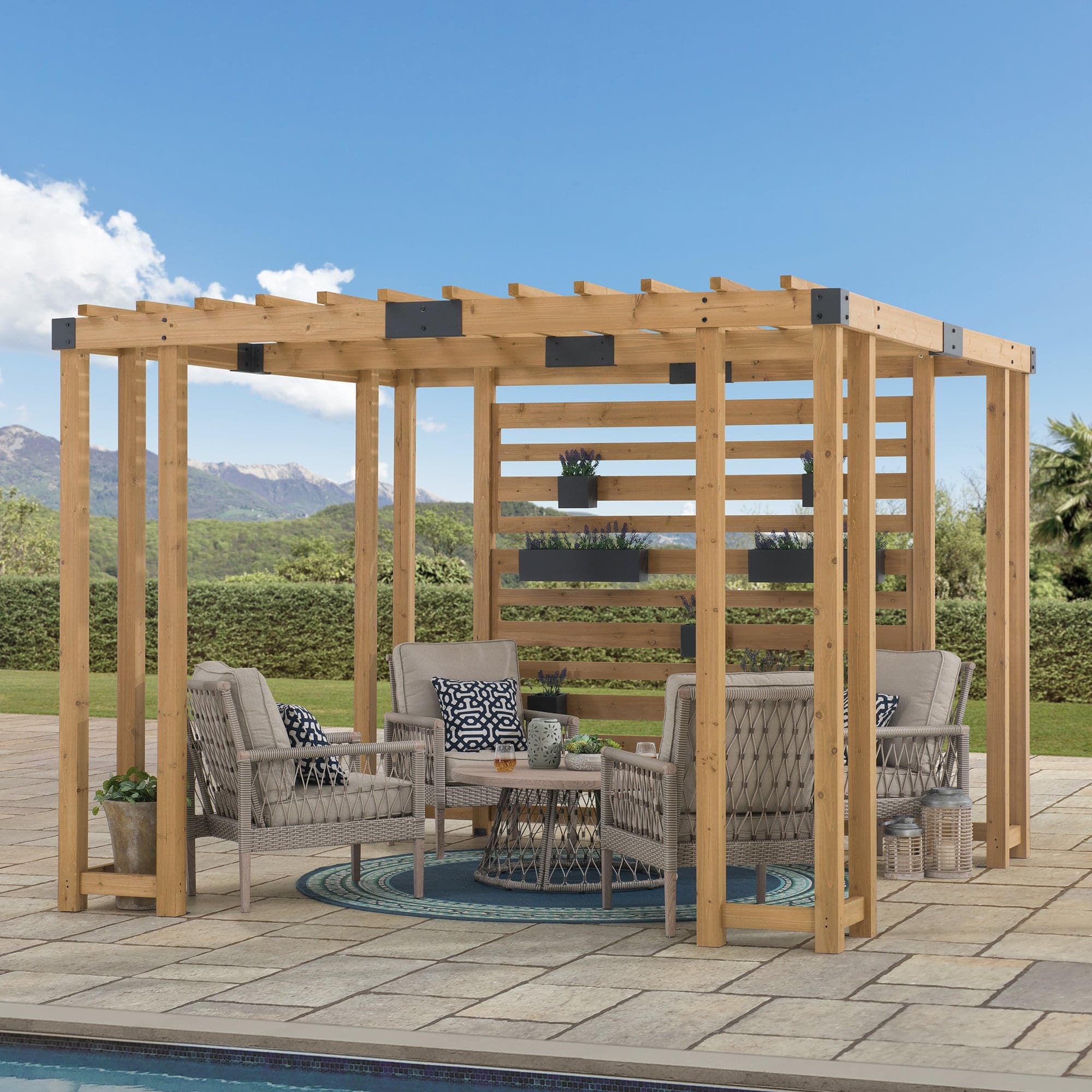 SUNJOY 10x10 Wooden Pergola with Privacy Screen & Hanging Planters.