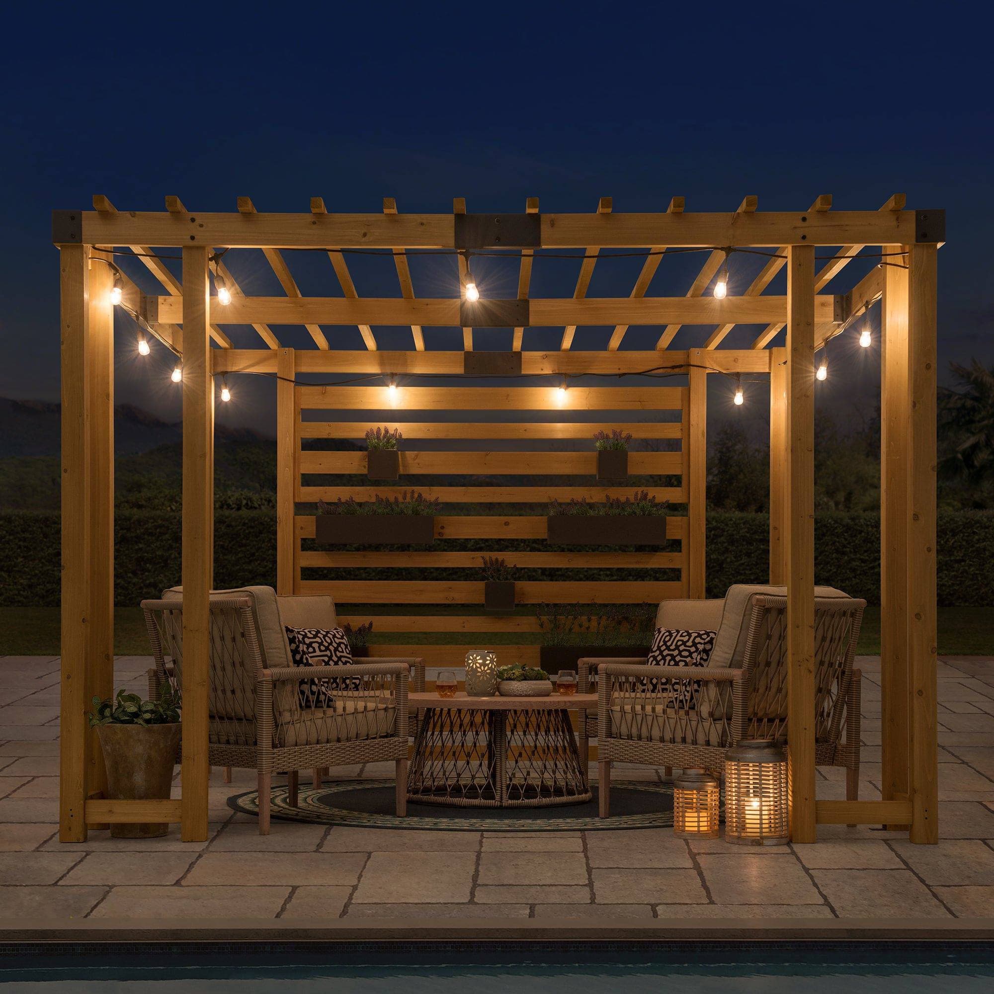 SUNJOY 10x10 Wooden Pergola with Privacy Screen & Hanging Planters.