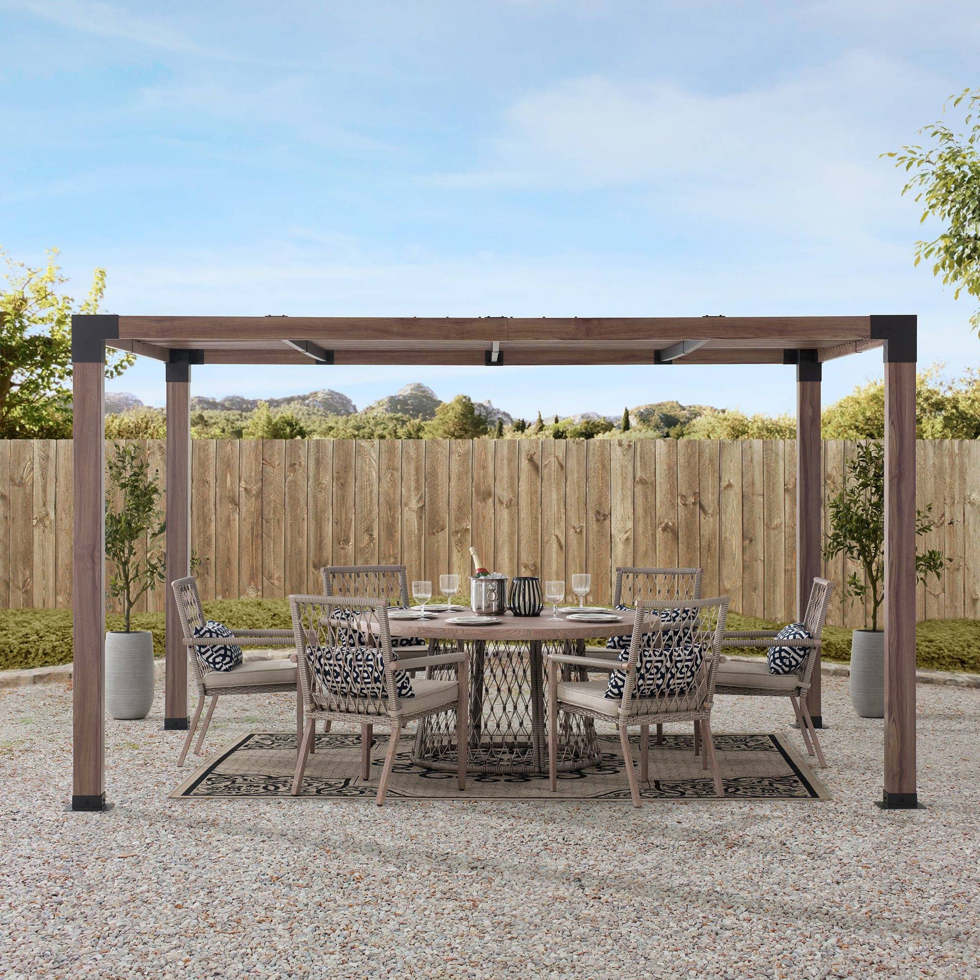 SUNJOY 10x12 Modern Metal Pergola Kit with Nature Wood Grain Finish.