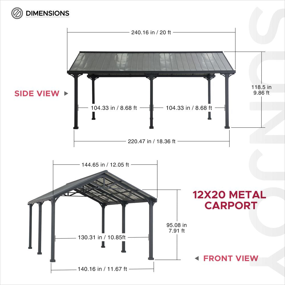 SUNJOY 12x20 Metal Carport Gable Roof Gazebo with 2 Ceiling Hooks.