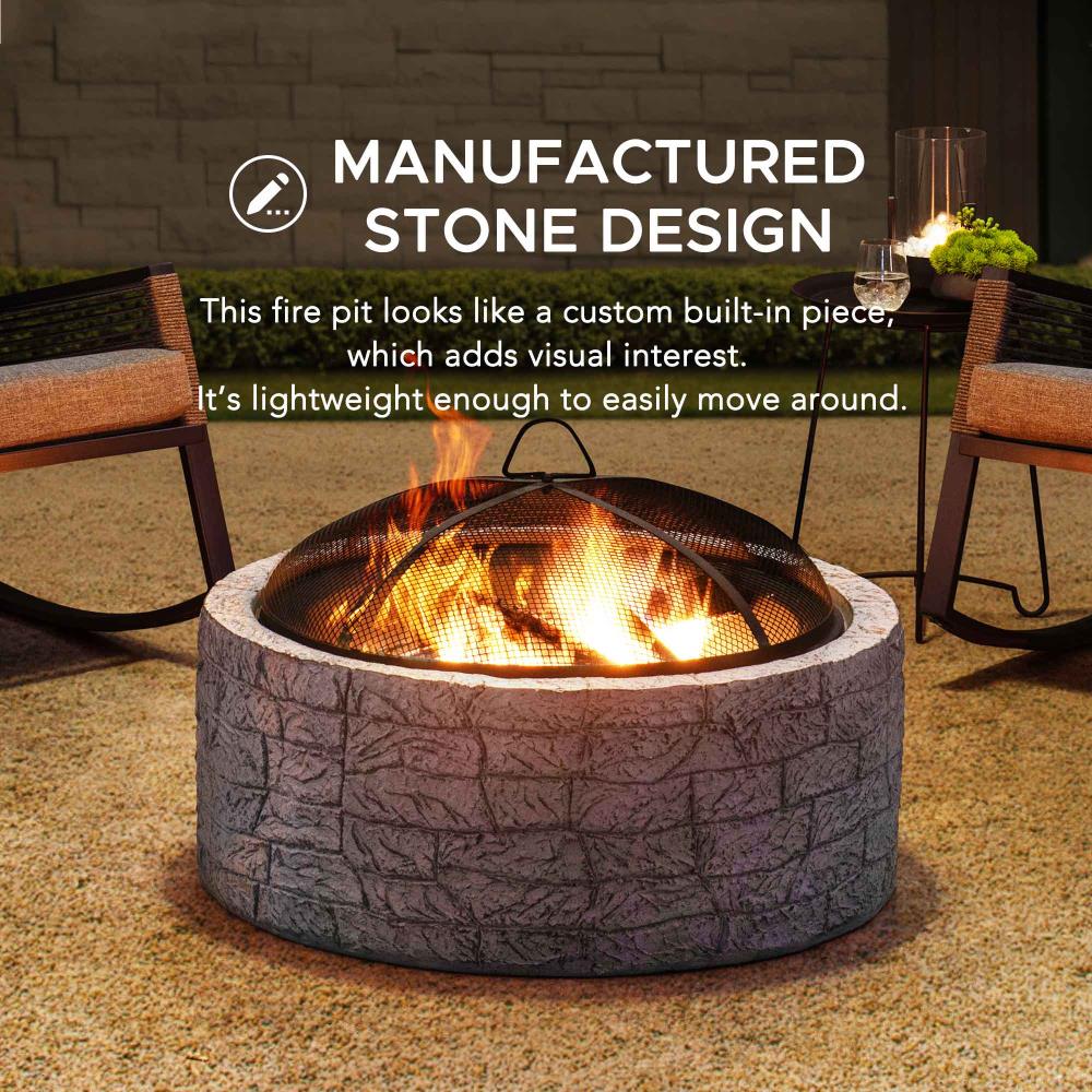 SUNJOY 26 Inch Small Outdoor Stone Firepit with Spark Screen and Poker.