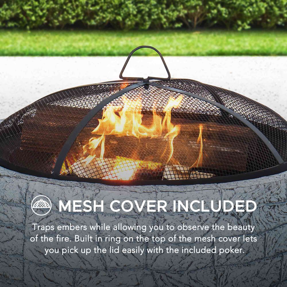 SUNJOY 26 Inch Small Outdoor Stone Firepit with Spark Screen and Poker.