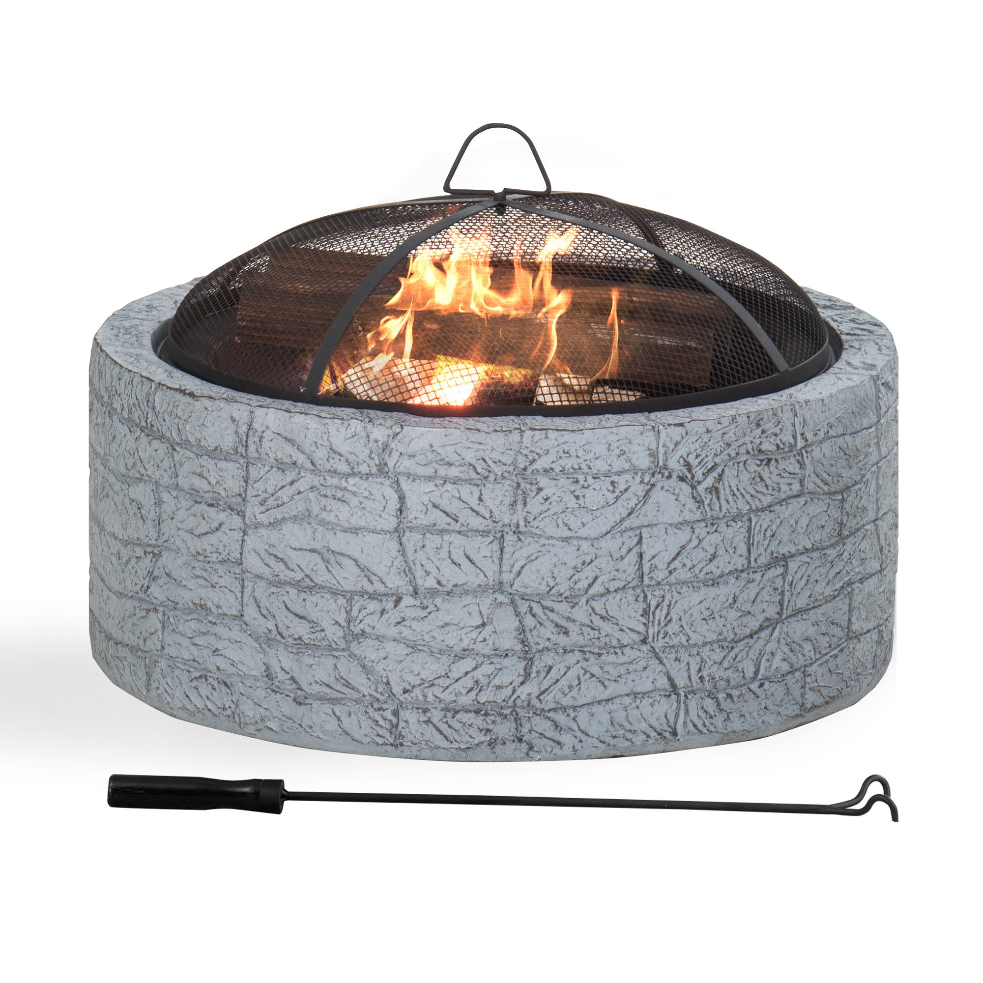 SUNJOY 26 Inch Small Outdoor Stone Firepit with Spark Screen and Poker.