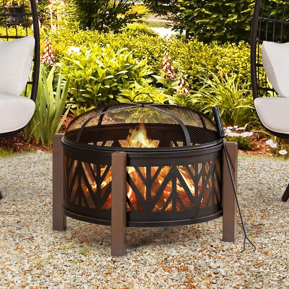 SUNJOY 31 Inch Black Wood Burning Steel Fire Pit with Spark Screen.