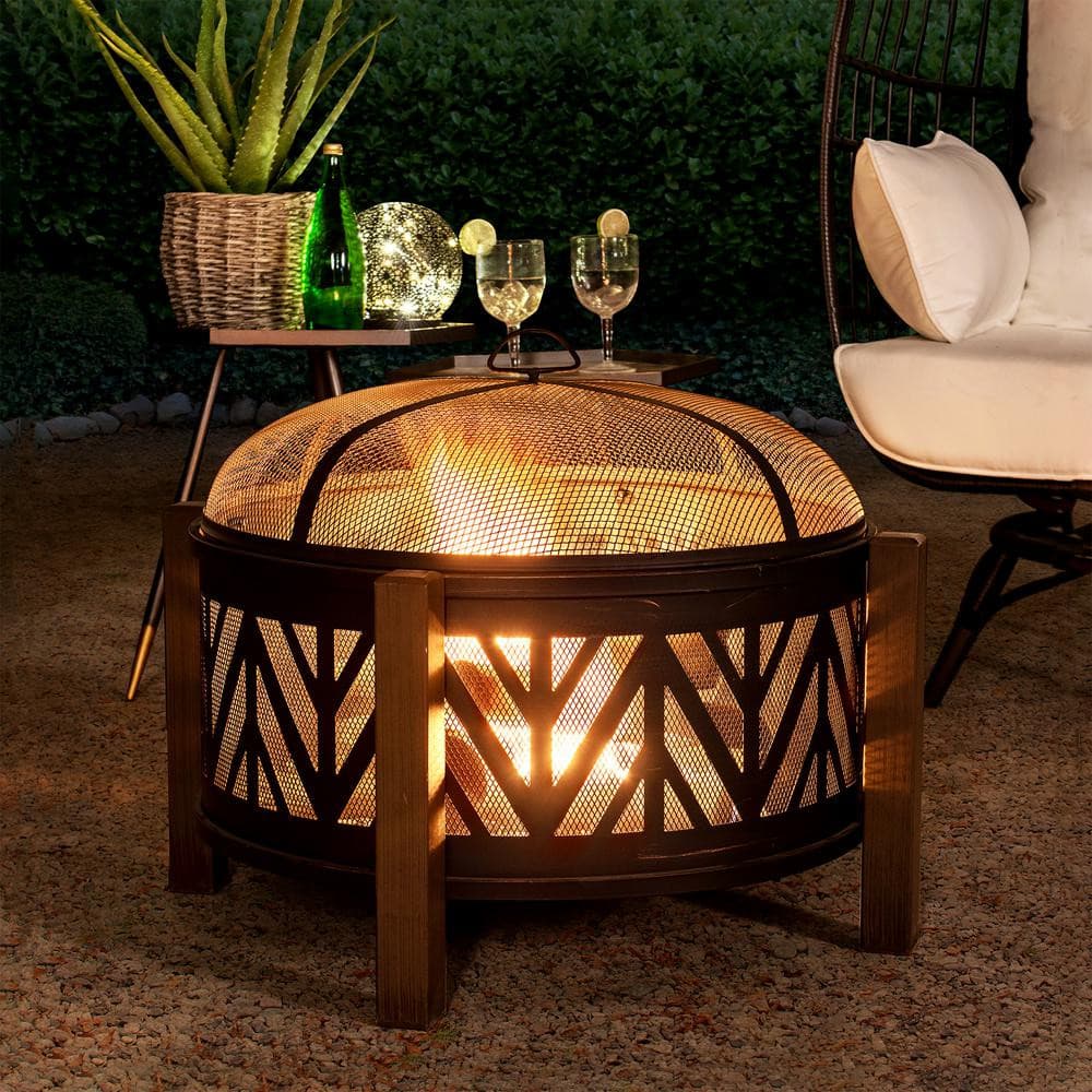 SUNJOY 31 Inch Black Wood Burning Steel Fire Pit with Spark Screen.
