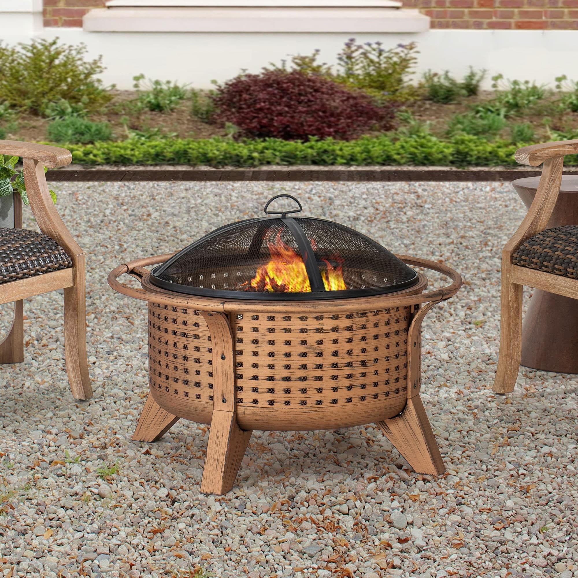 SUNJOY 30 Inch Copper Steel Holiday Fire Pit with Spark Screen & Poker.