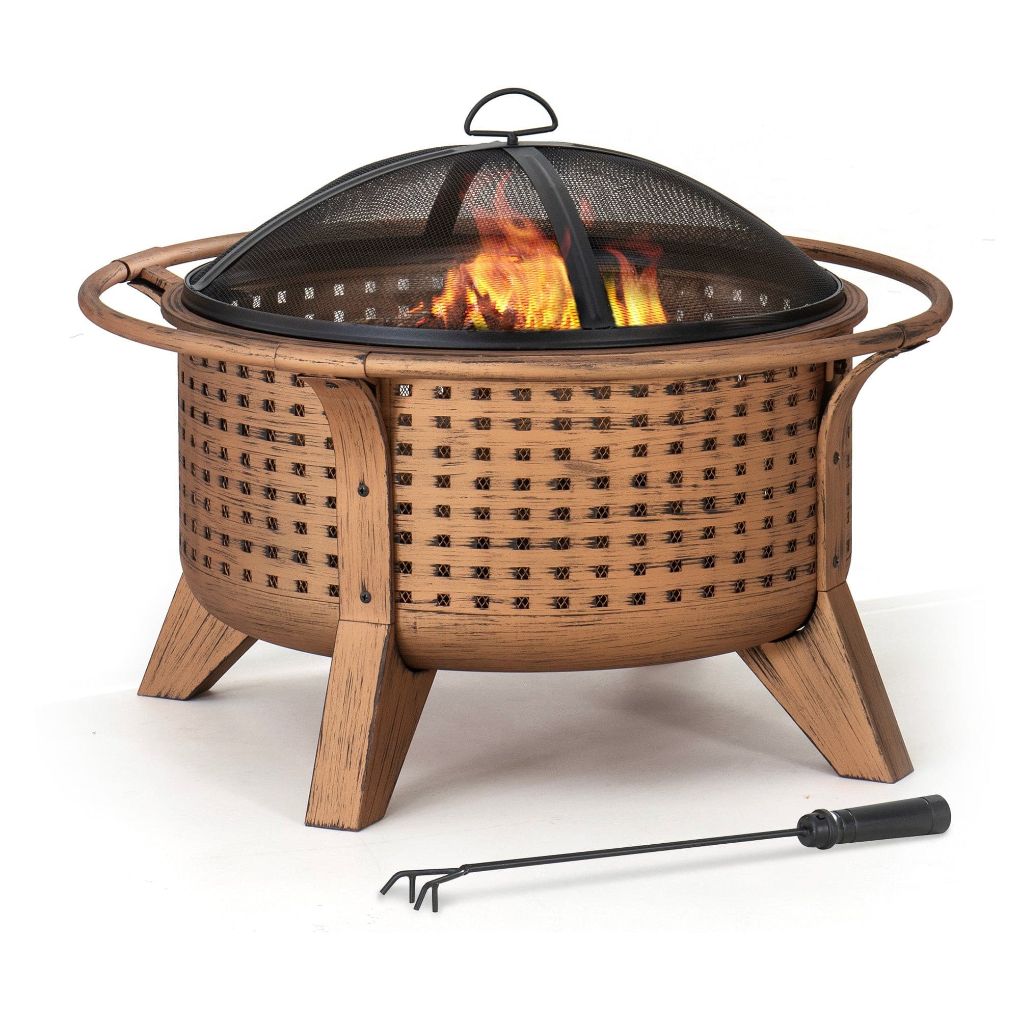 SUNJOY 30 Inch Copper Steel Holiday Fire Pit with Spark Screen & Poker.