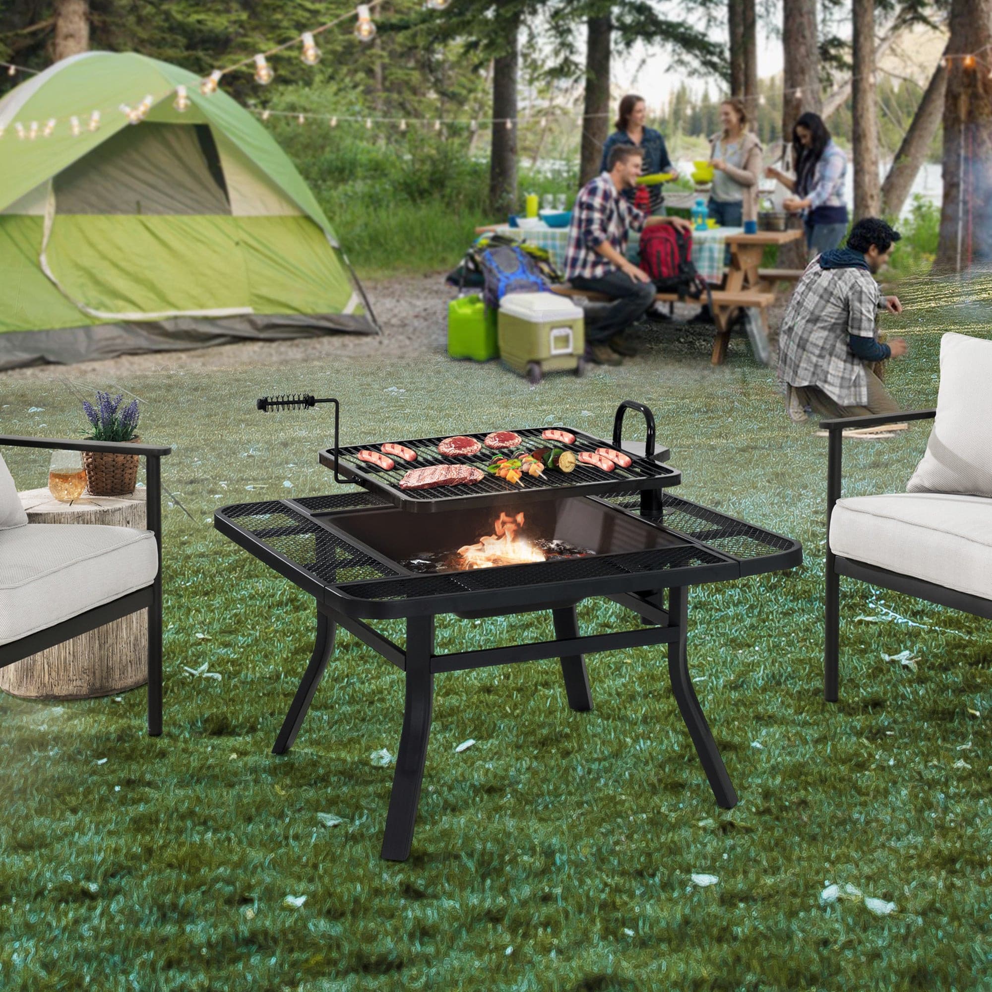 SUNJOY 38 Inch Large Outdoor Fire Pit with Adjustable Grill and Poker.