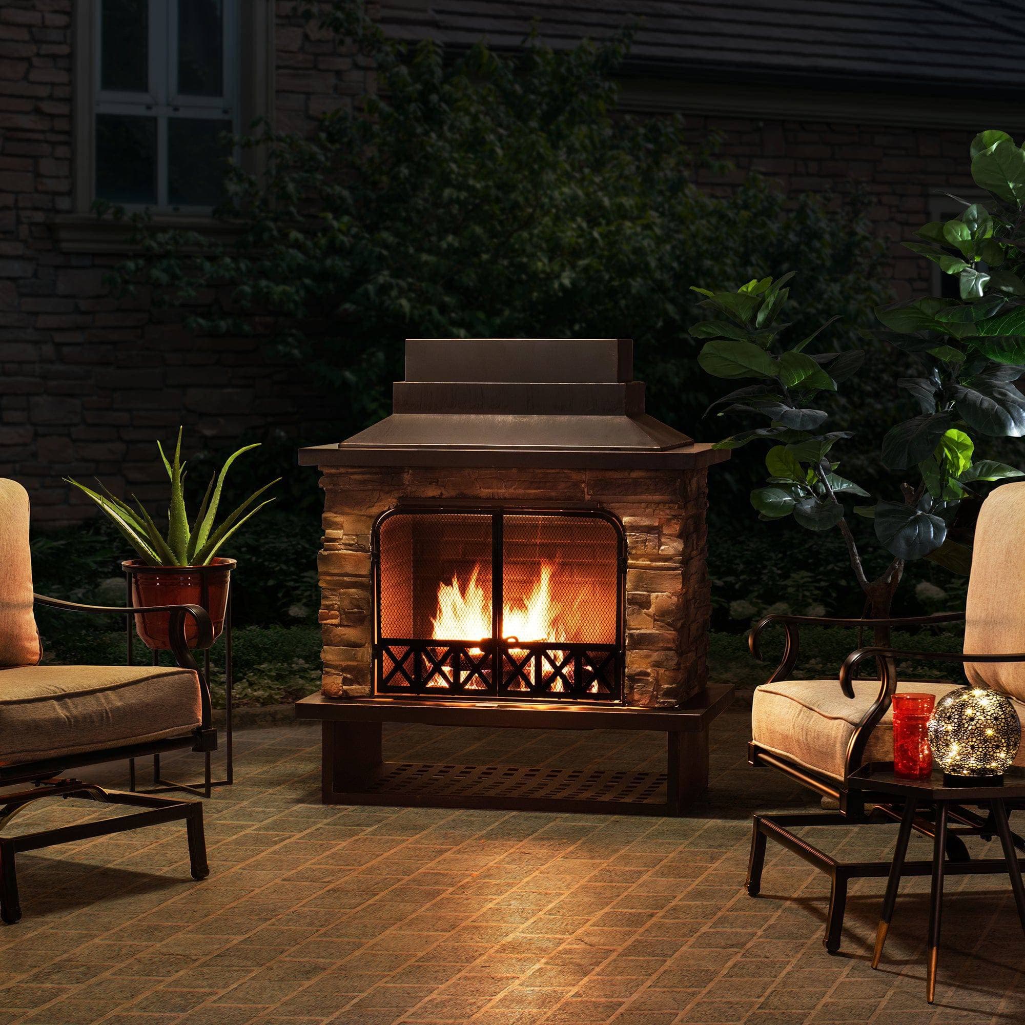 SUNJOY 48 Inch Outdoor Stone Fireplace Kit with Chimney and Doors.