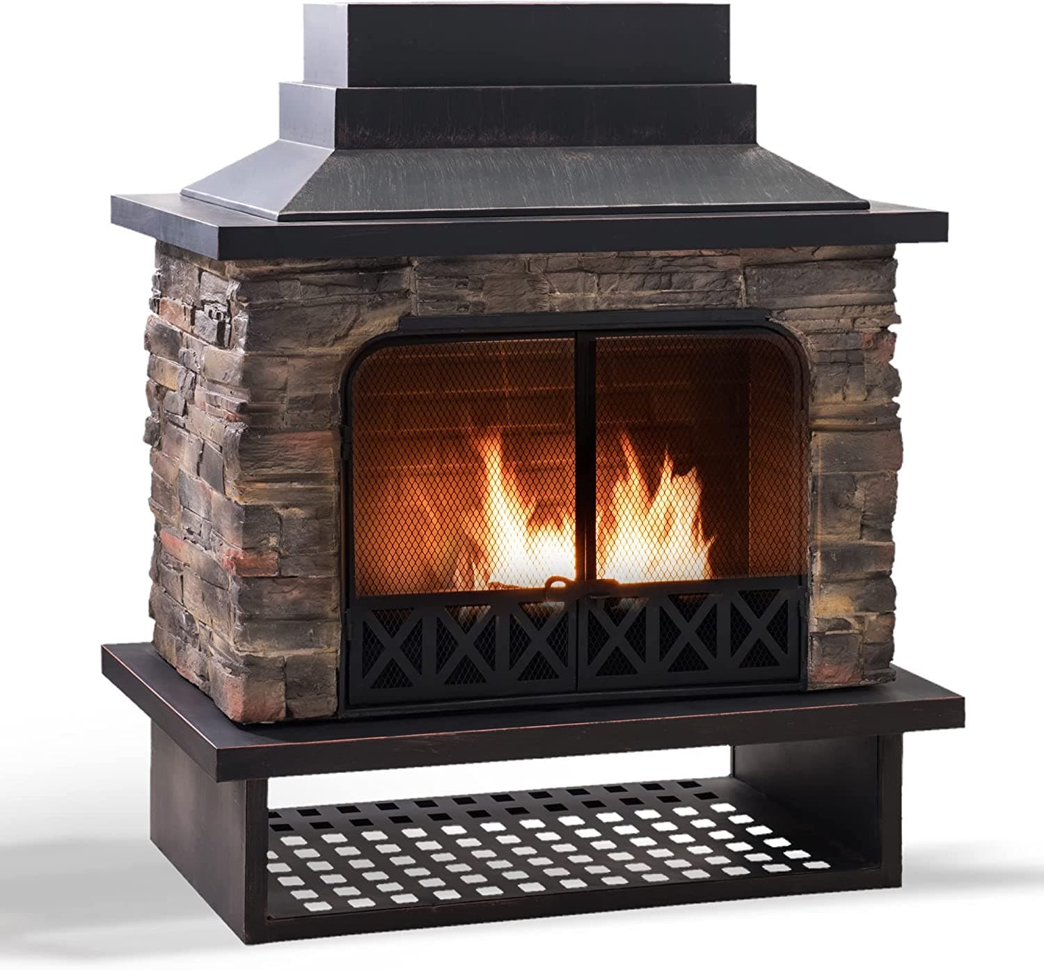 SUNJOY 48 Inch Outdoor Stone Fireplace Kit with Chimney and Doors.