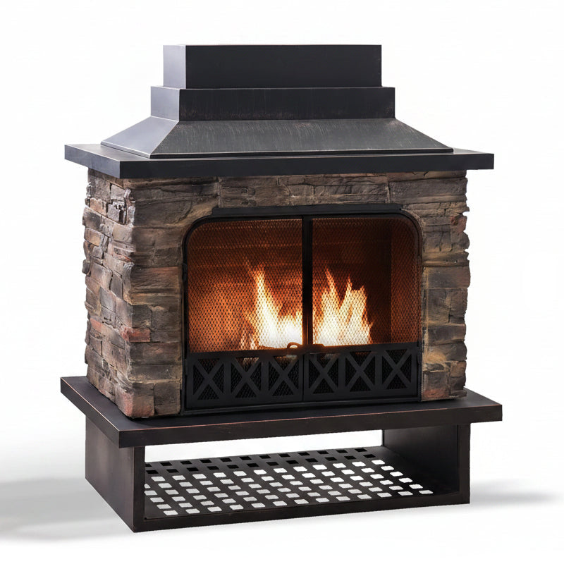 SUNJOY 48 Inch Outdoor Stone Fireplace Kit with Chimney and Doors.