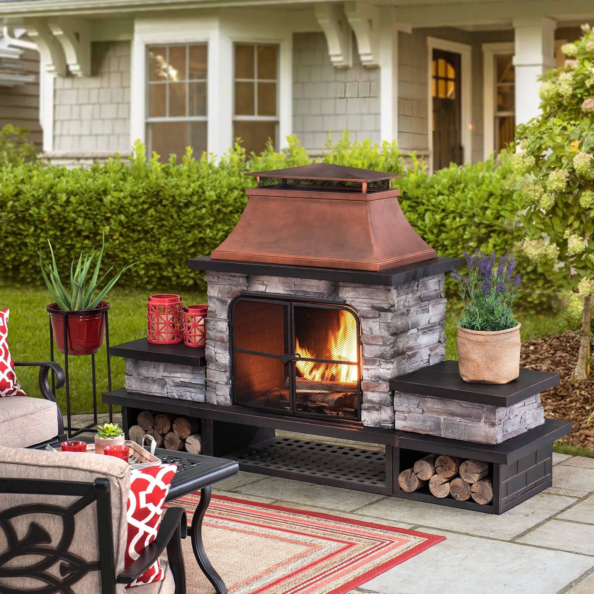 SUNJOY 48 Inch Wood Burning Stone Fireplace with Log Holders