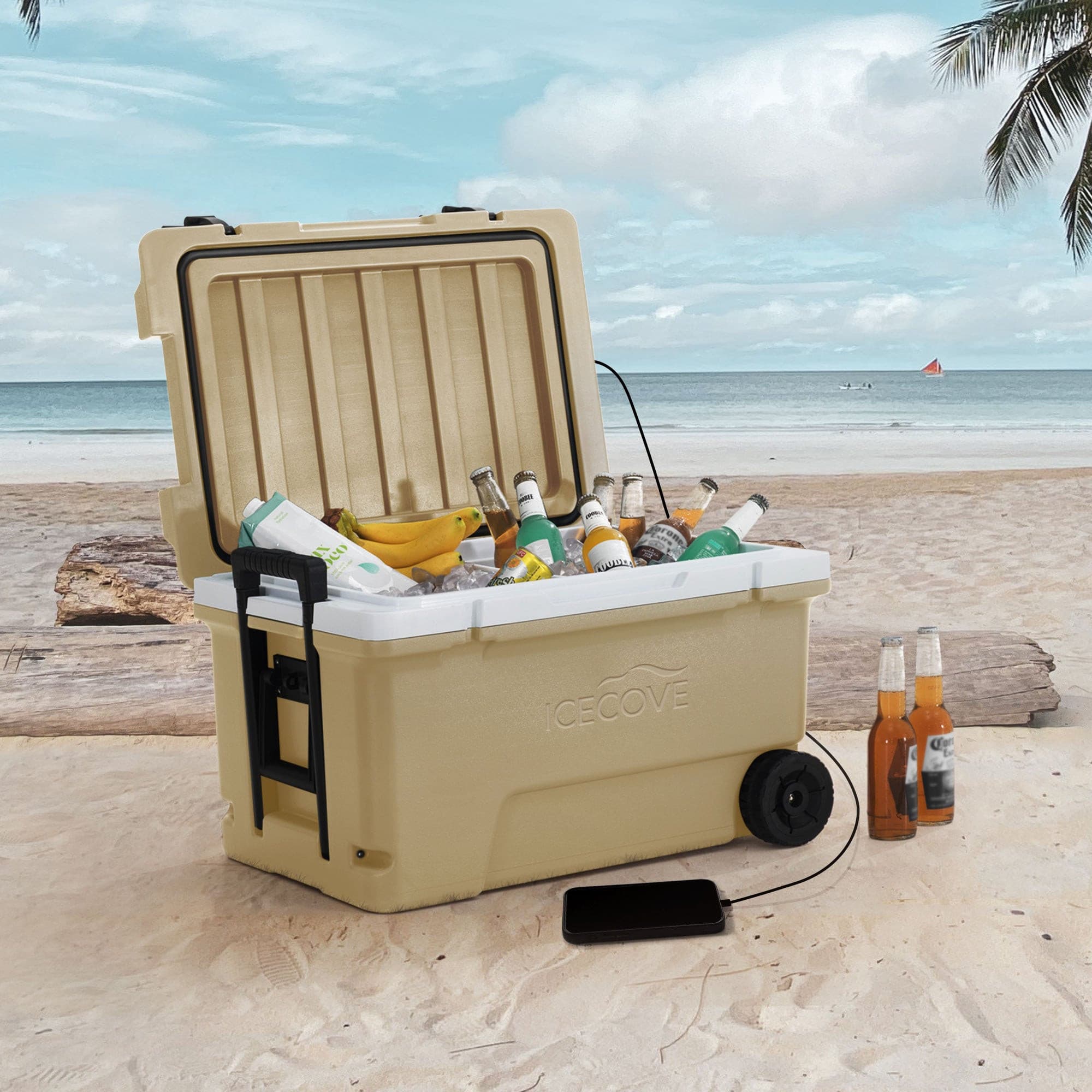 SUNJOY 60-quart Insulated Beach Ice Chest Cooler with Solar Panel, Wheels, and Handles.
