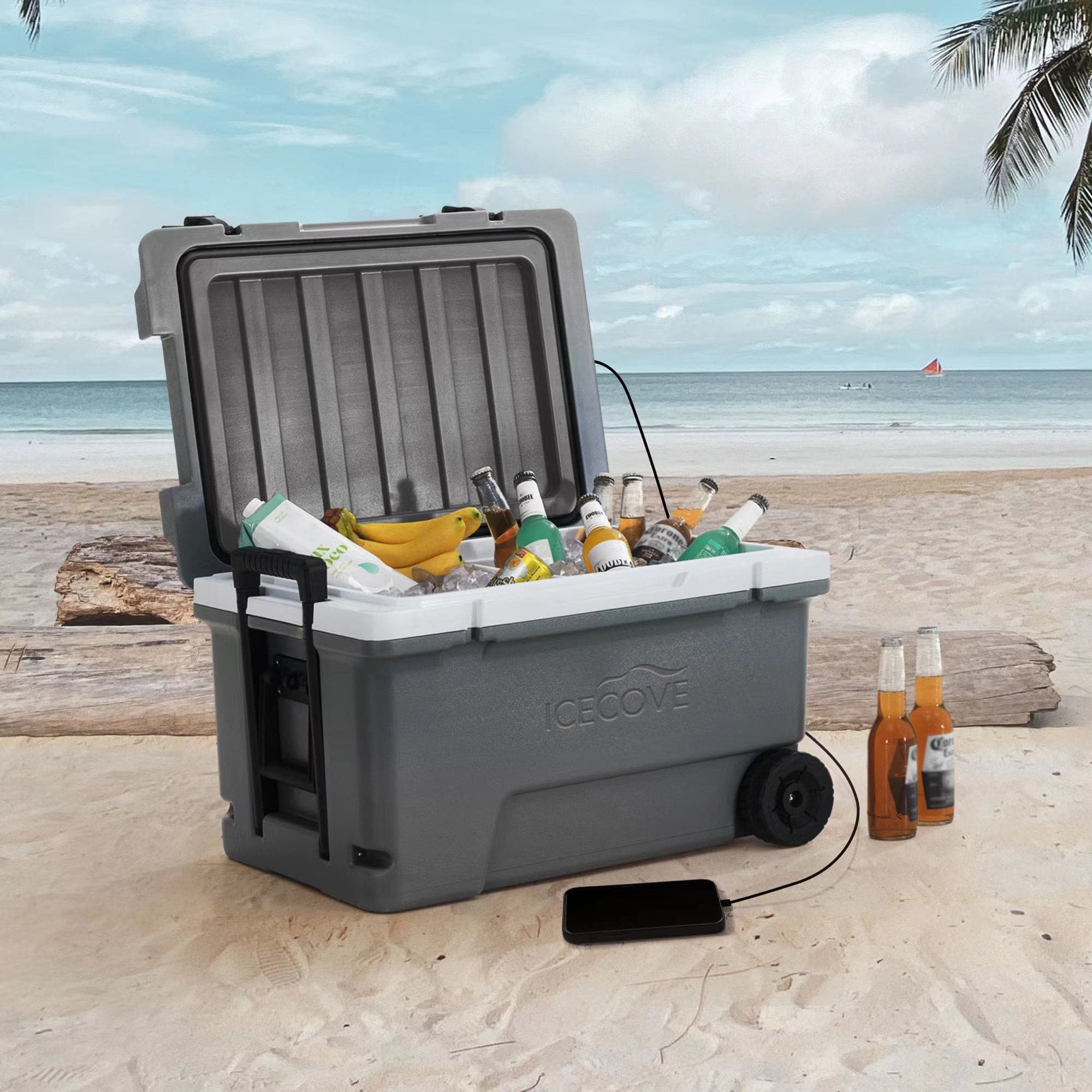 SUNJOY 60-quart Insulated Beach Ice Chest Cooler with Solar Panel, Wheels, and Handles - Gray