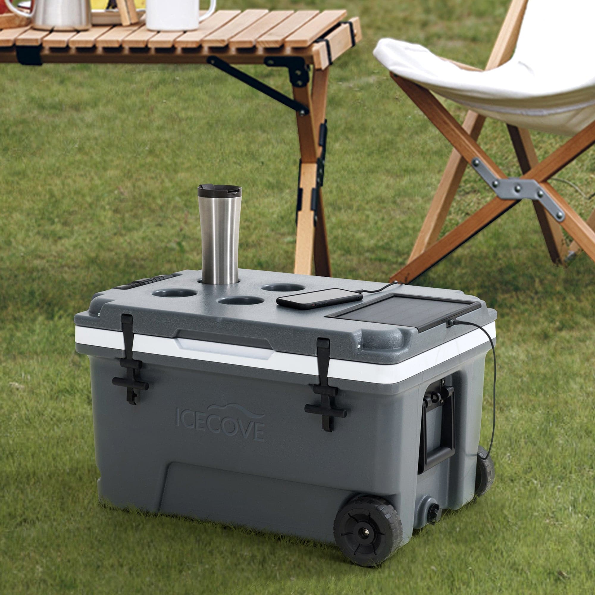 SUNJOY 60-quart Insulated Beach Ice Chest Cooler with Solar Panel, Wheels, and Handles