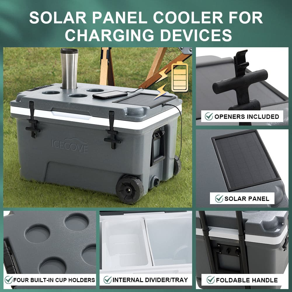 SUNJOY 60-quart Insulated Beach Ice Chest Cooler with Solar Panel, Wheels, and Handles