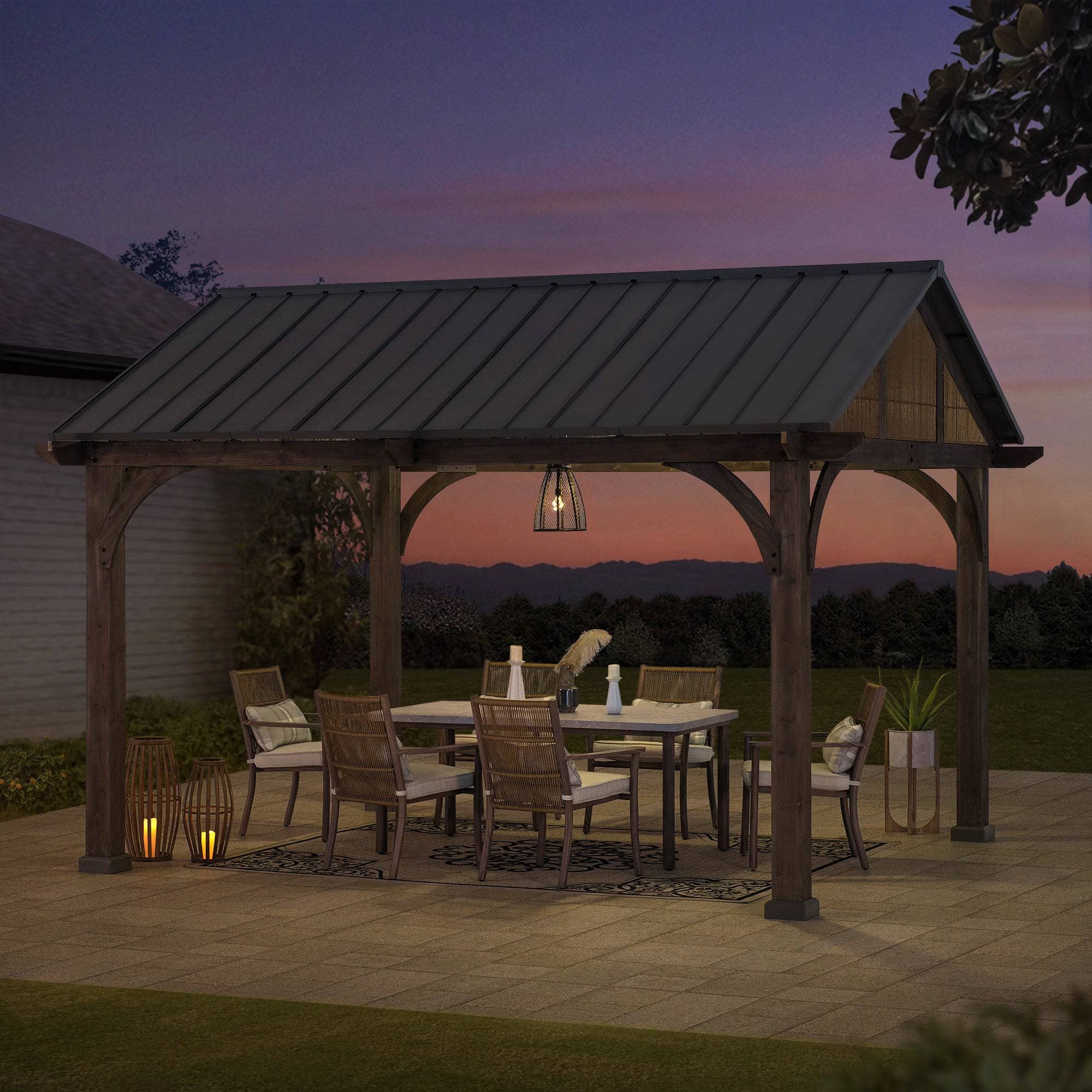 SUNJOY 12x14 Brown Wooden Frame Gable Roof Gazebo.
