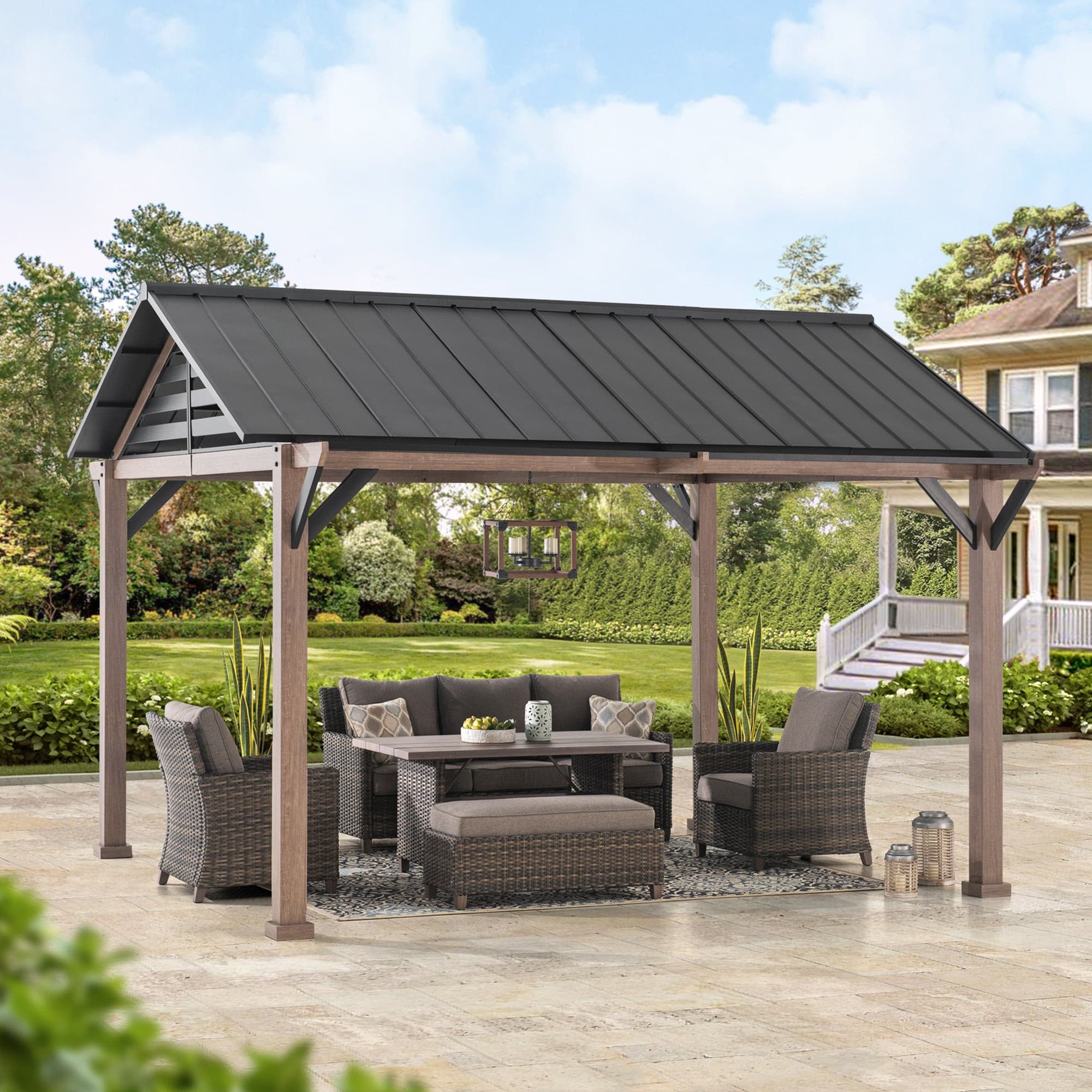 SUNJOY 13x13 Black Steel Gazebo with Decorative Beam.