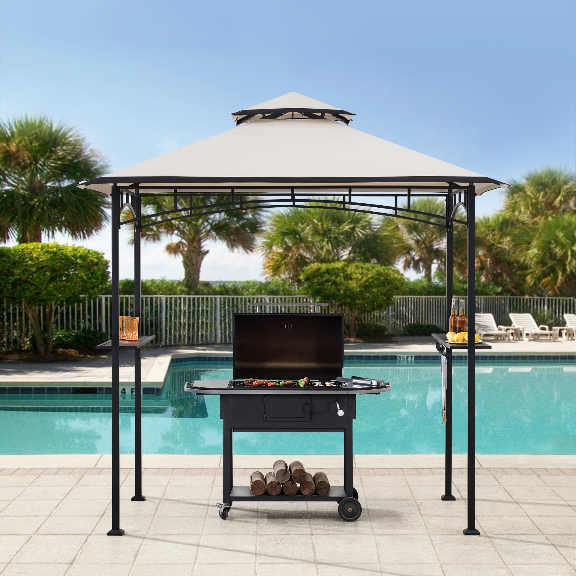 SUNJOY 5x8 BBQ Grill Gazebo with Bar Shelves and Hooks.