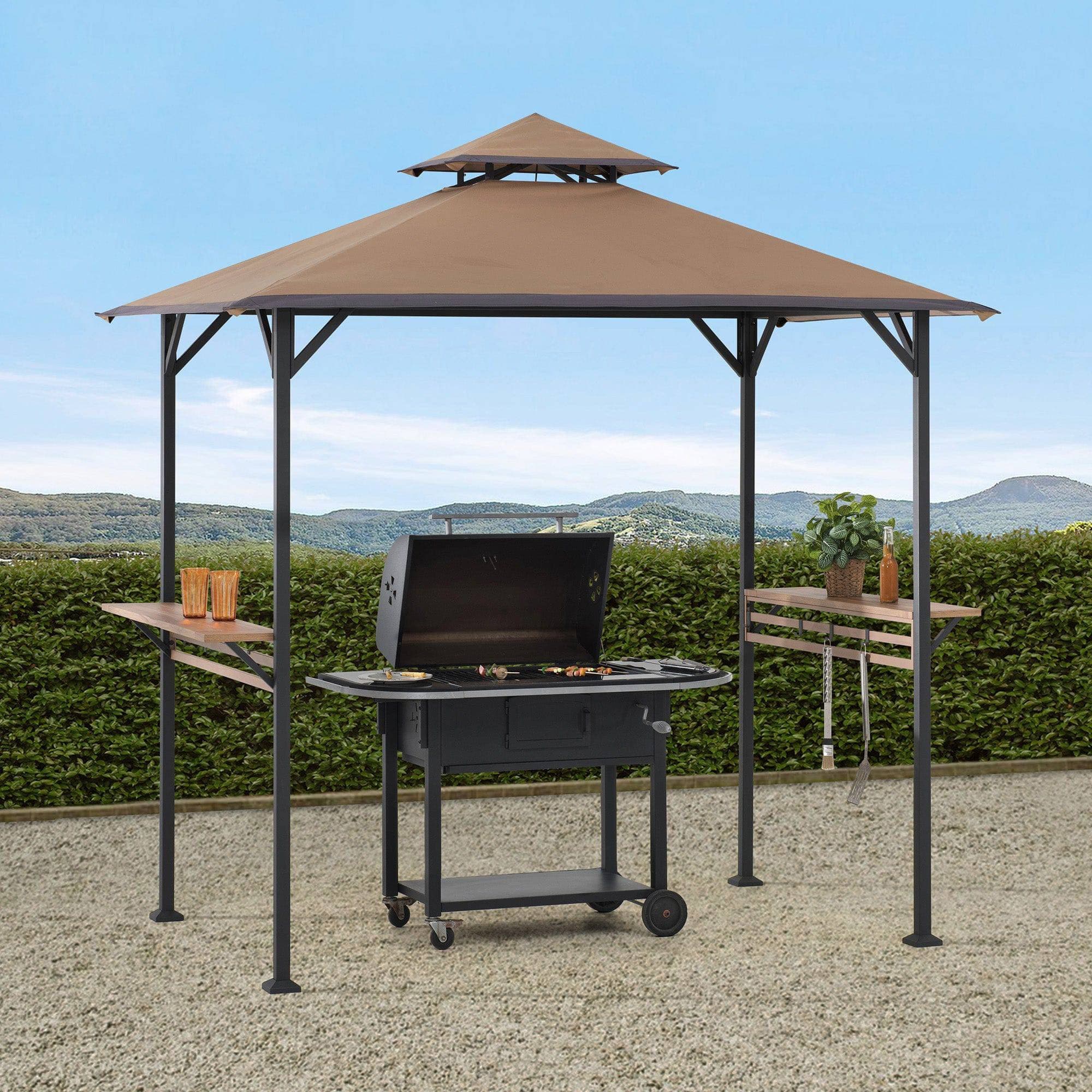 SUNJOY Outdoor Patio 5x8 Khaki 2-Tier Steel Backyard Soft Top Grill Gazebo with Bar Shelves and Hooks.