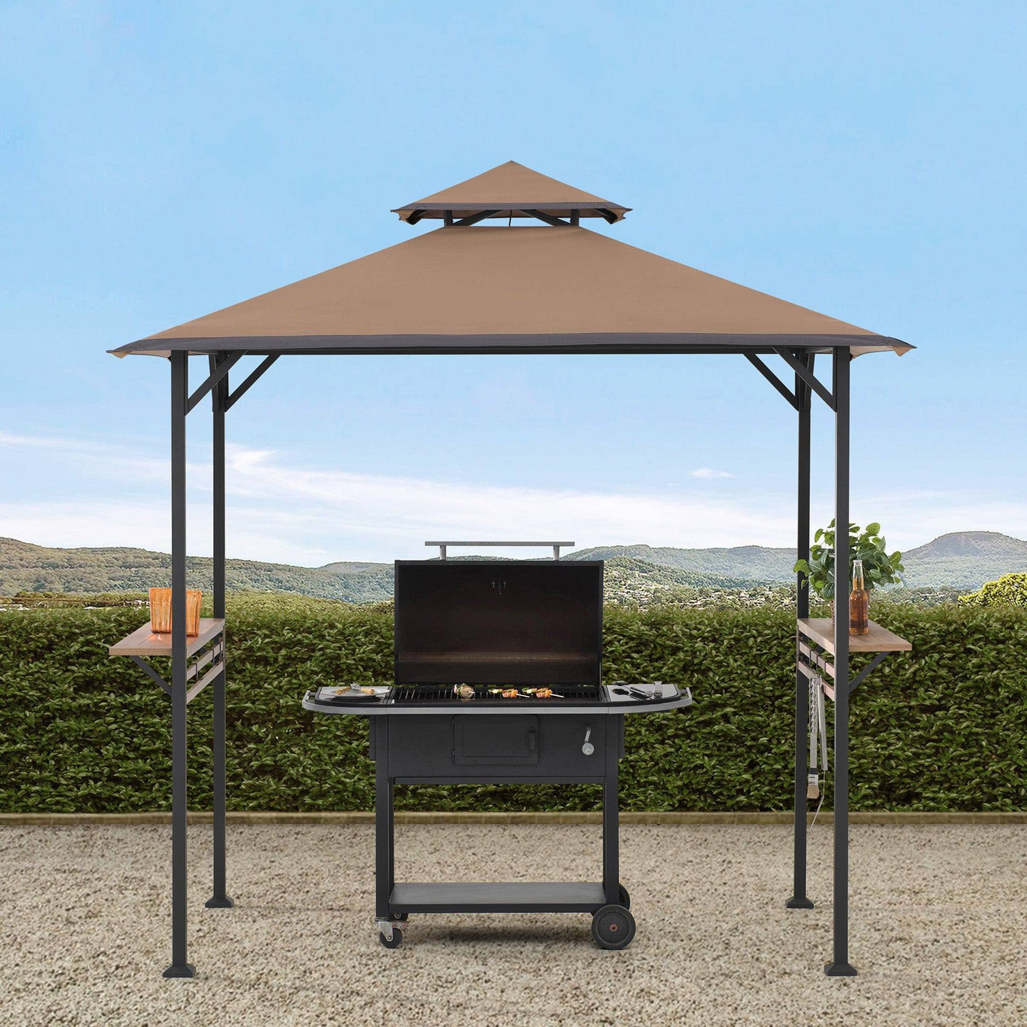 SUNJOY Outdoor Patio 5x8 Khaki 2-Tier Steel Backyard Soft Top Grill Gazebo with Bar Shelves and Hooks.