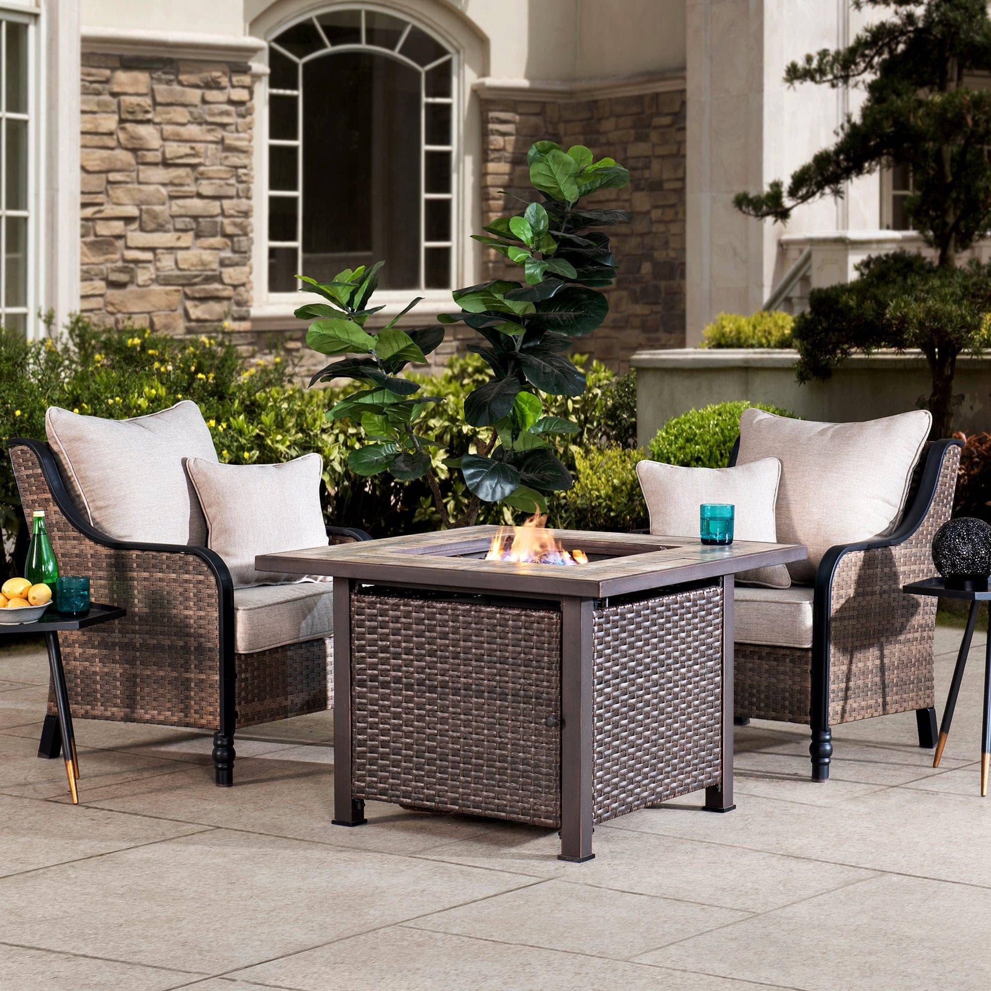 SUNJOY 38 Inch Wicker & Ceramic Fire Pit Table with Lava Rocks.