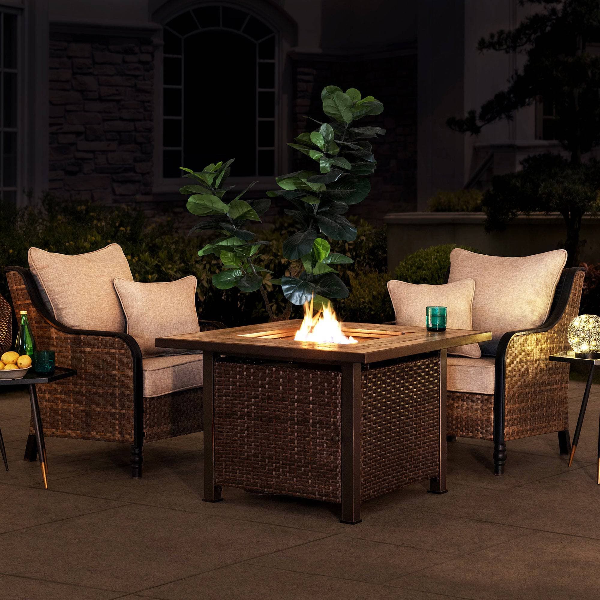 SUNJOY 38 Inch Wicker & Ceramic Fire Pit Table with Lava Rocks.