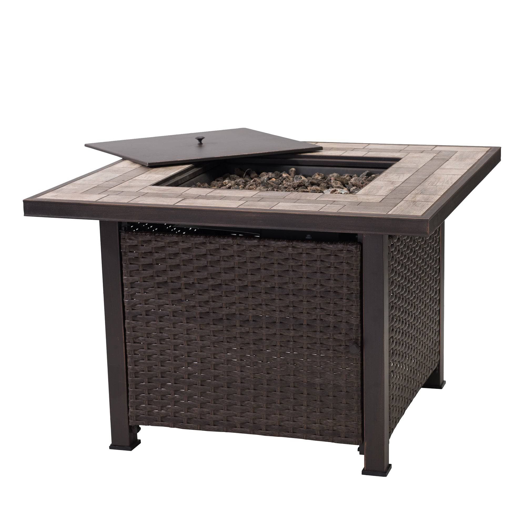 SUNJOY 38 Inch Wicker & Ceramic Fire Pit Table with Lava Rocks.