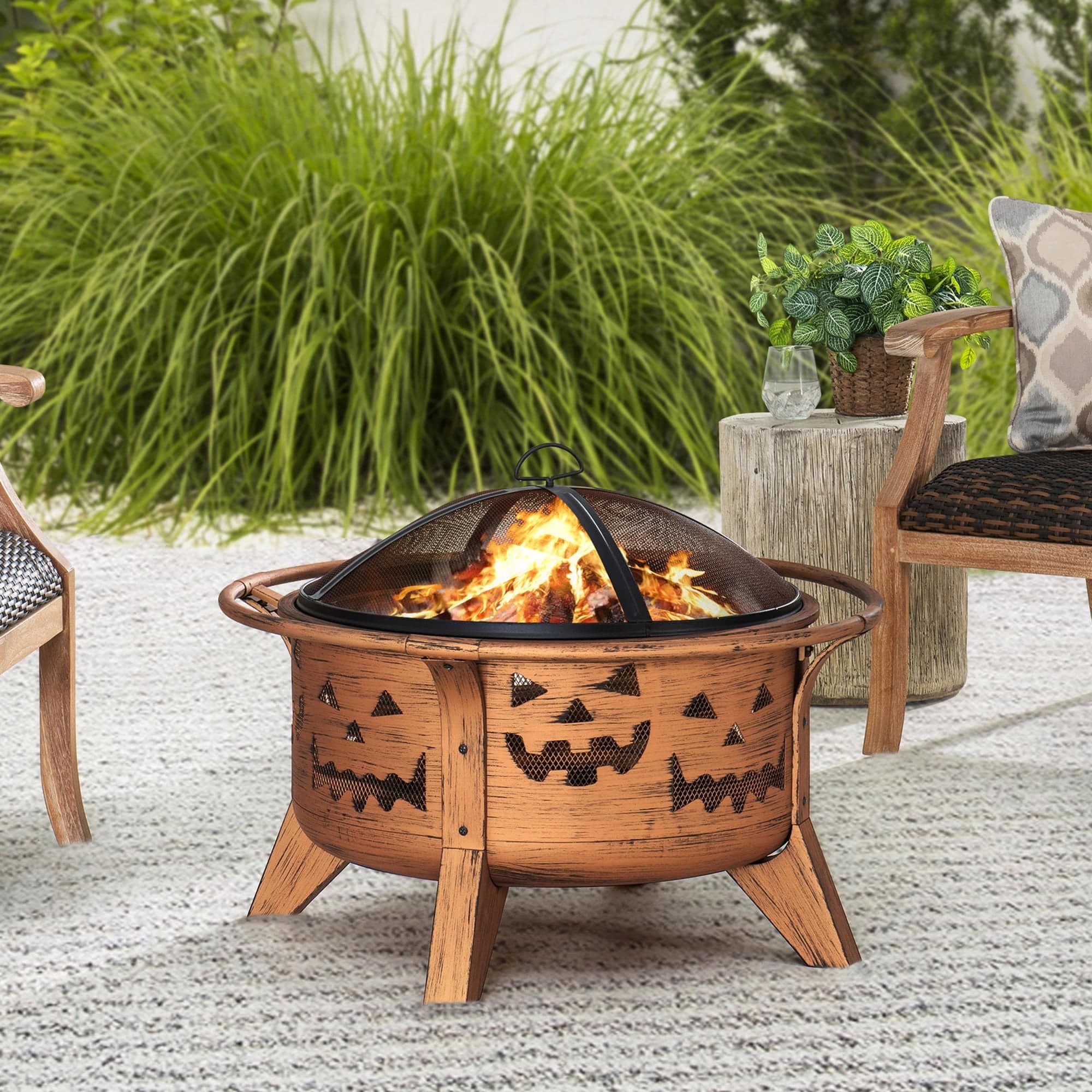 SUNJOY 30 Inch Copper Steel Holiday Fire Pit with Spark Screen & Poker.