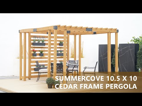 SUNJOY 10x10 Wooden Pergola with Privacy Screen & Hanging Planters.