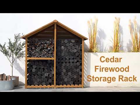 SUNJOY Outdoor Cedar Firewood Storage Rack Shed with Asphalt Roof.
