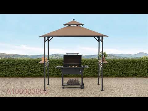 SUNJOY Outdoor Patio 5x8 Khaki 2-Tier Steel Backyard Soft Top Grill Gazebo with Bar Shelves and Hooks.