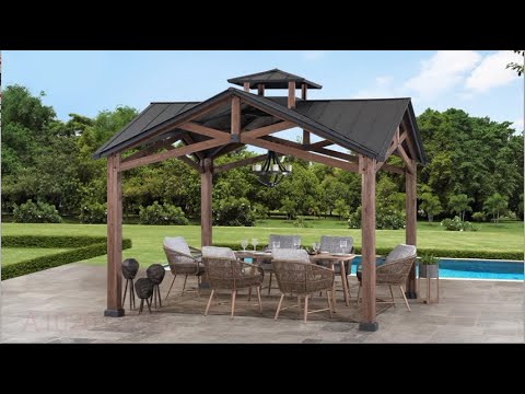 SUNJOY 12.5x12.5 Wooden Frame Hardtop Gazebo with Ceiling Hook.